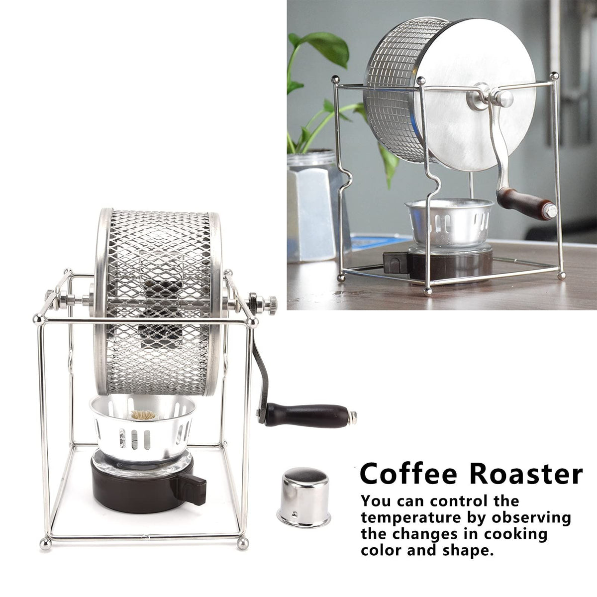 Stainless Steel Coffee Bean Roaster for Coffee Lovers
Hand Crank Manual Roasting Machine with Temperature Control, DIY Enthusiasts, Home Use Peanut(silver)