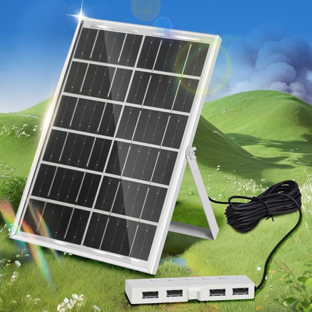 6W 5V Solar Panel USB Charger – 4 USB Ports for Fans & Electronic Devices, Solar Battery Charger with Aluminum Frame, Portable Outdoor Power Solution(silver)