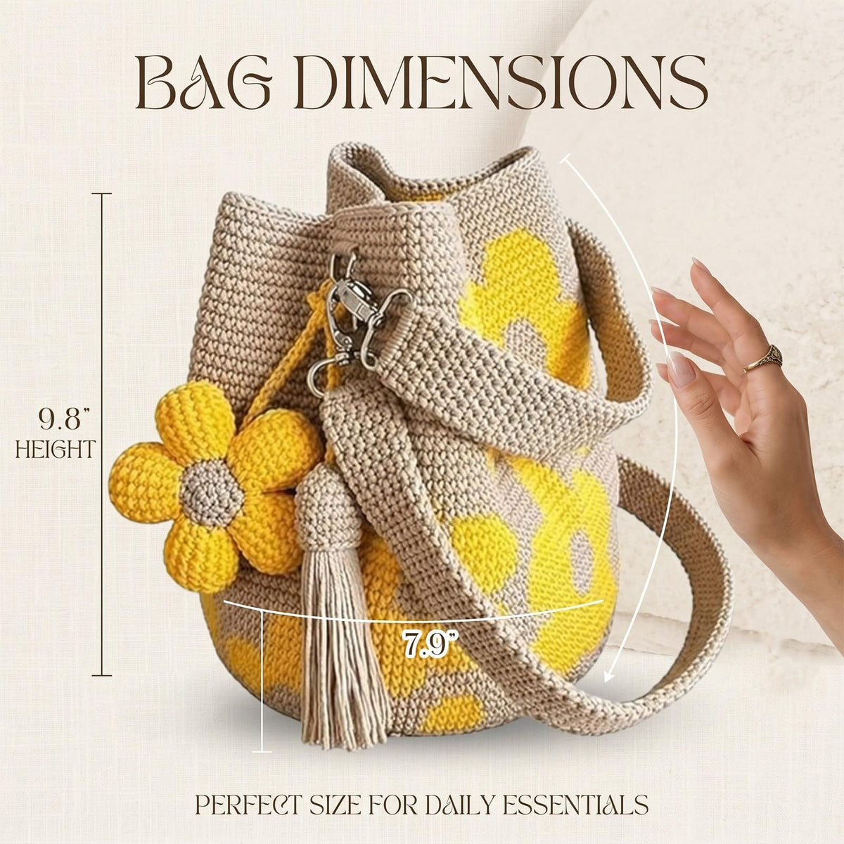 Handmade Crochet Flower Tote Bag for Women, Purse Boho Crochet Purse Crossbody Shoulder Beach Bag Daily Use Summer(White)