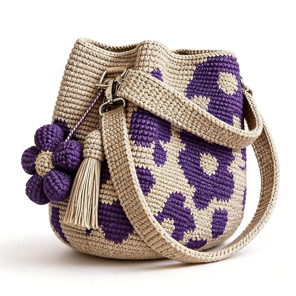 Handmade Crochet Flower Tote Bag for Women, Purse Boho Crochet Purse Crossbody Shoulder Beach Bag Daily Use Summer(White)