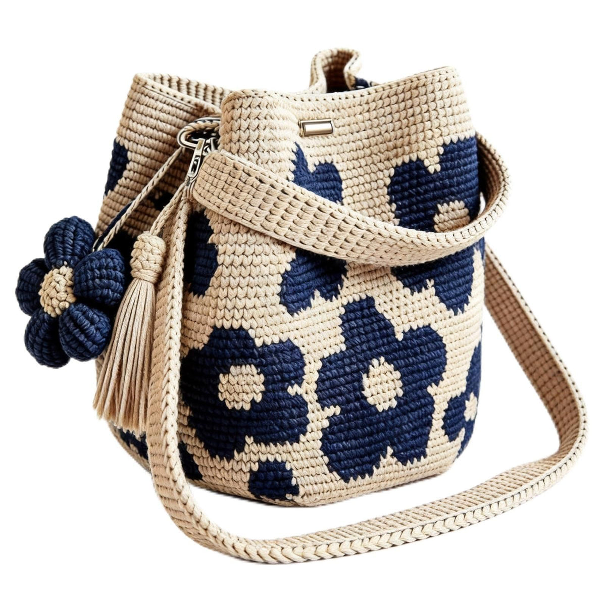 Handmade Crochet Flower Tote Bag for Women, Purse Boho Crochet Purse Crossbody Shoulder Beach Bag Daily Use Summer(Blue)