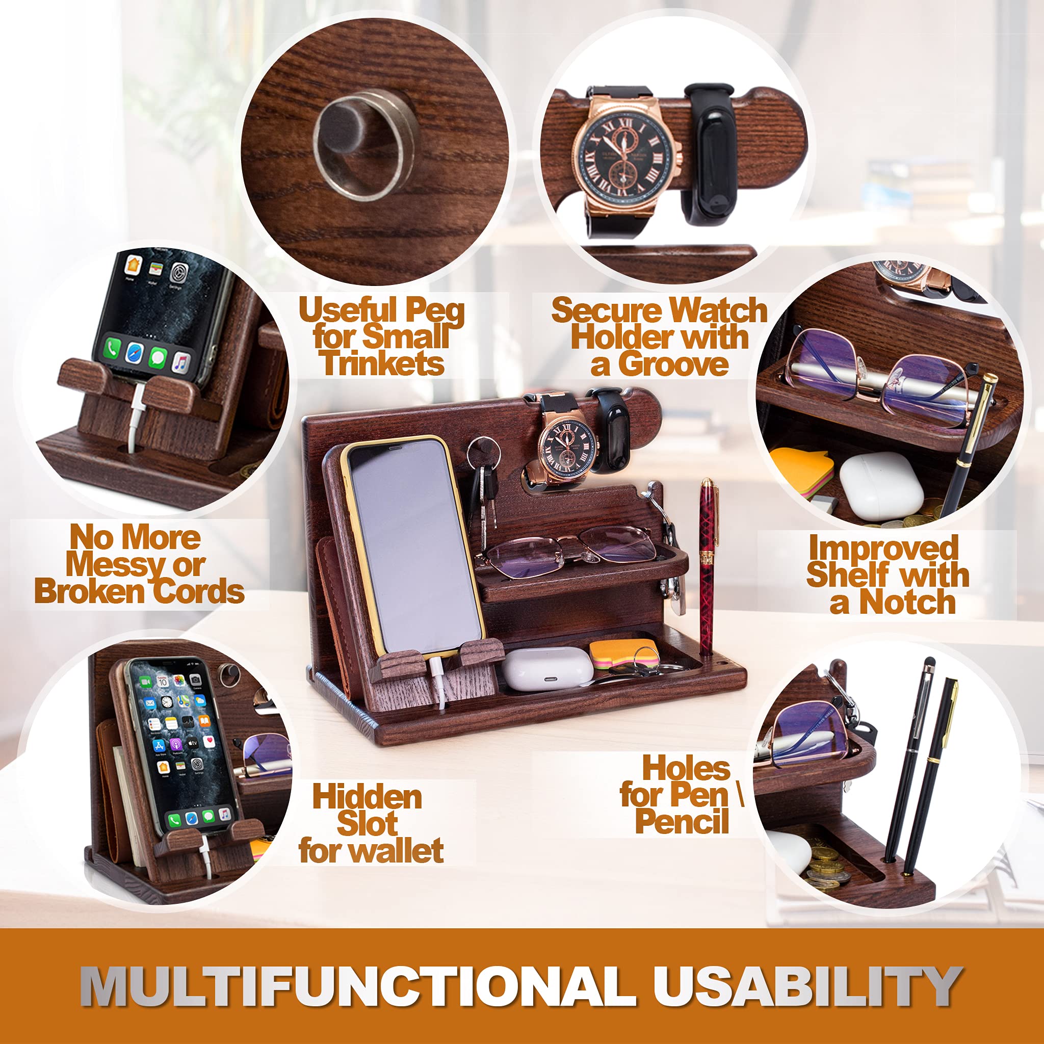 Wooden Desk Organizer for Men – Multi-Function Phone Stand, Watch & Glasses Holder, Key & Wallet Tray (Vintage Brown)