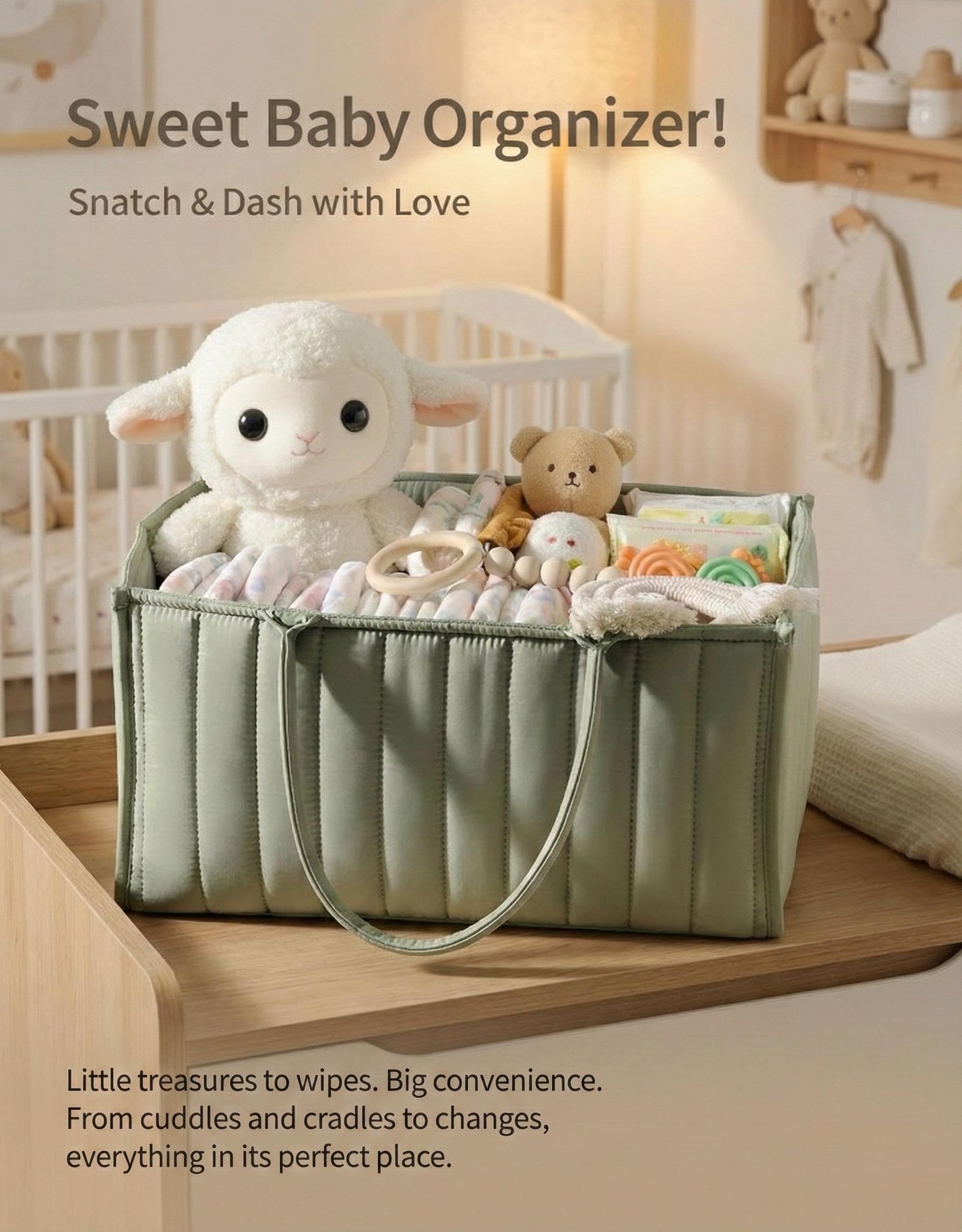 Large Baby Diaper Caddy Organizer – Stylish Storage Basket for Nursery, Changing Table & Travel – Portable Urn for Diapers, Wipes, Toys & Essentials (Green)