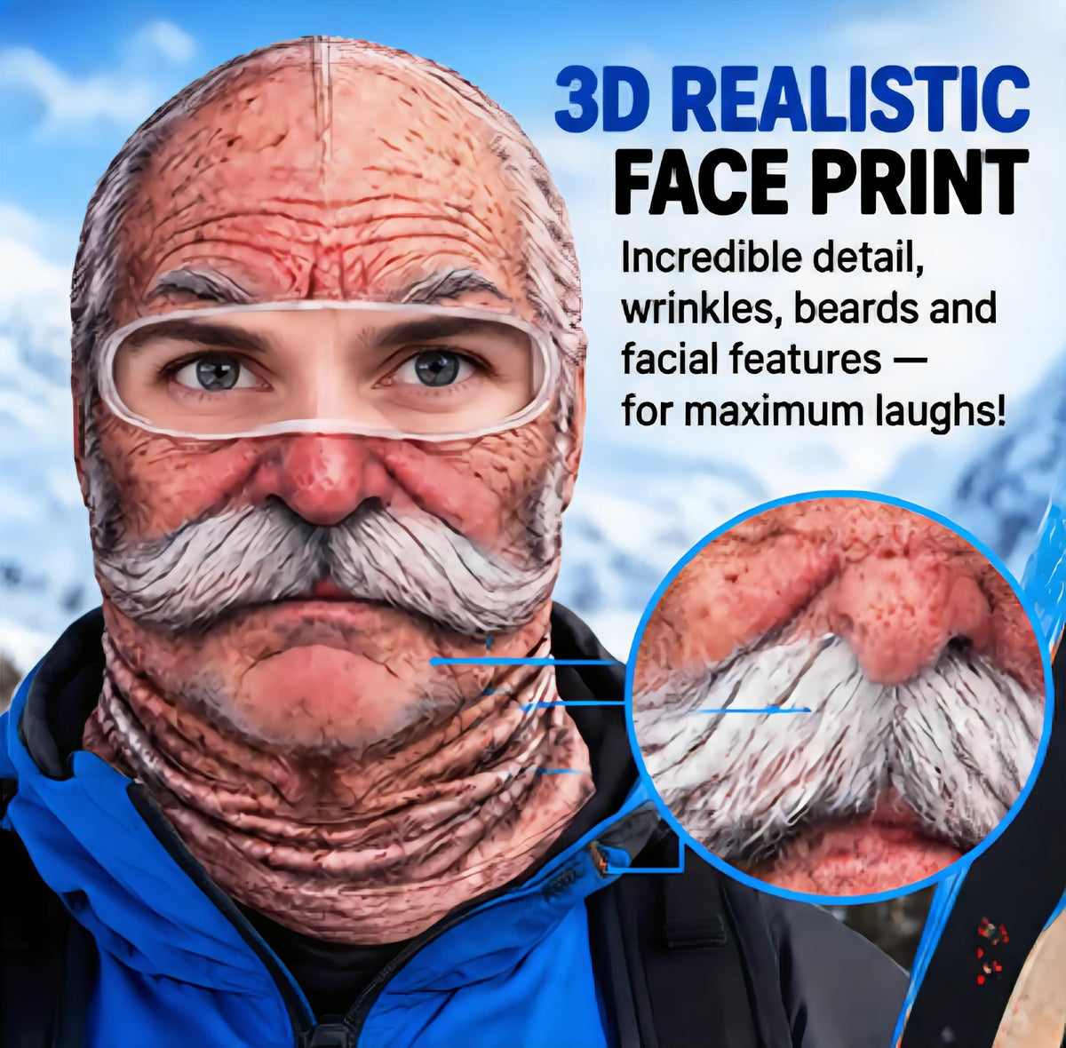 Funny Head Mask, Realistic 3D Printed Full-Face Cover with Neck Protection, Novelty Headwear for Parties, Cosplay, Cycling & Fun, Ice Silk Version (gray)