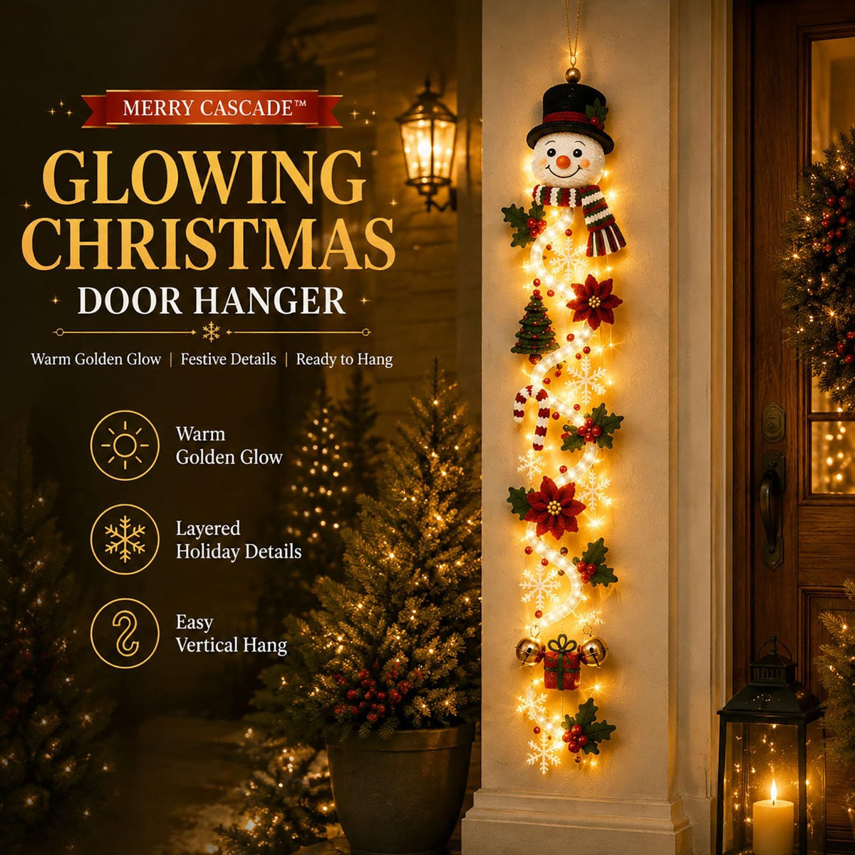MerryCascade Glowing Christmas Door Hanger with Lights, Festive Dimensional Details, Space-Saving Vertical Decor for Window, Wall & Mantel(red)