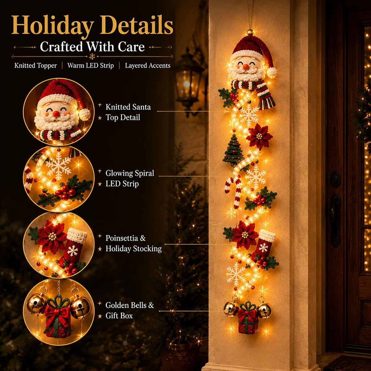 MerryCascade Glowing Christmas Door Hanger with Lights, Festive Dimensional Details, Space-Saving Vertical Decor for Window, Wall & Mantel(red)