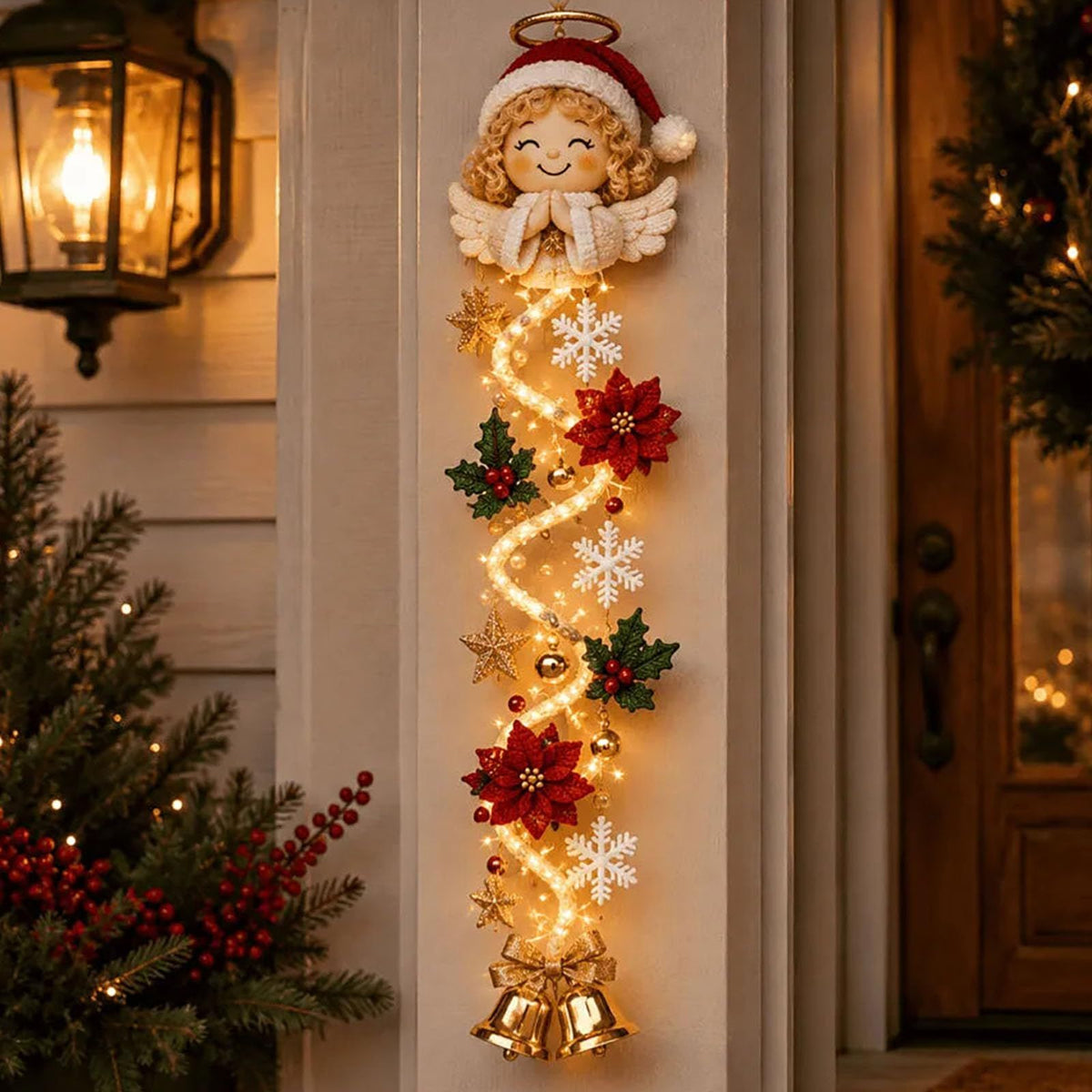 MerryCascade Glowing Christmas Door Hanger with Lights, Festive Dimensional Details, Space-Saving Vertical Decor for Window, Wall & Mantel(red)