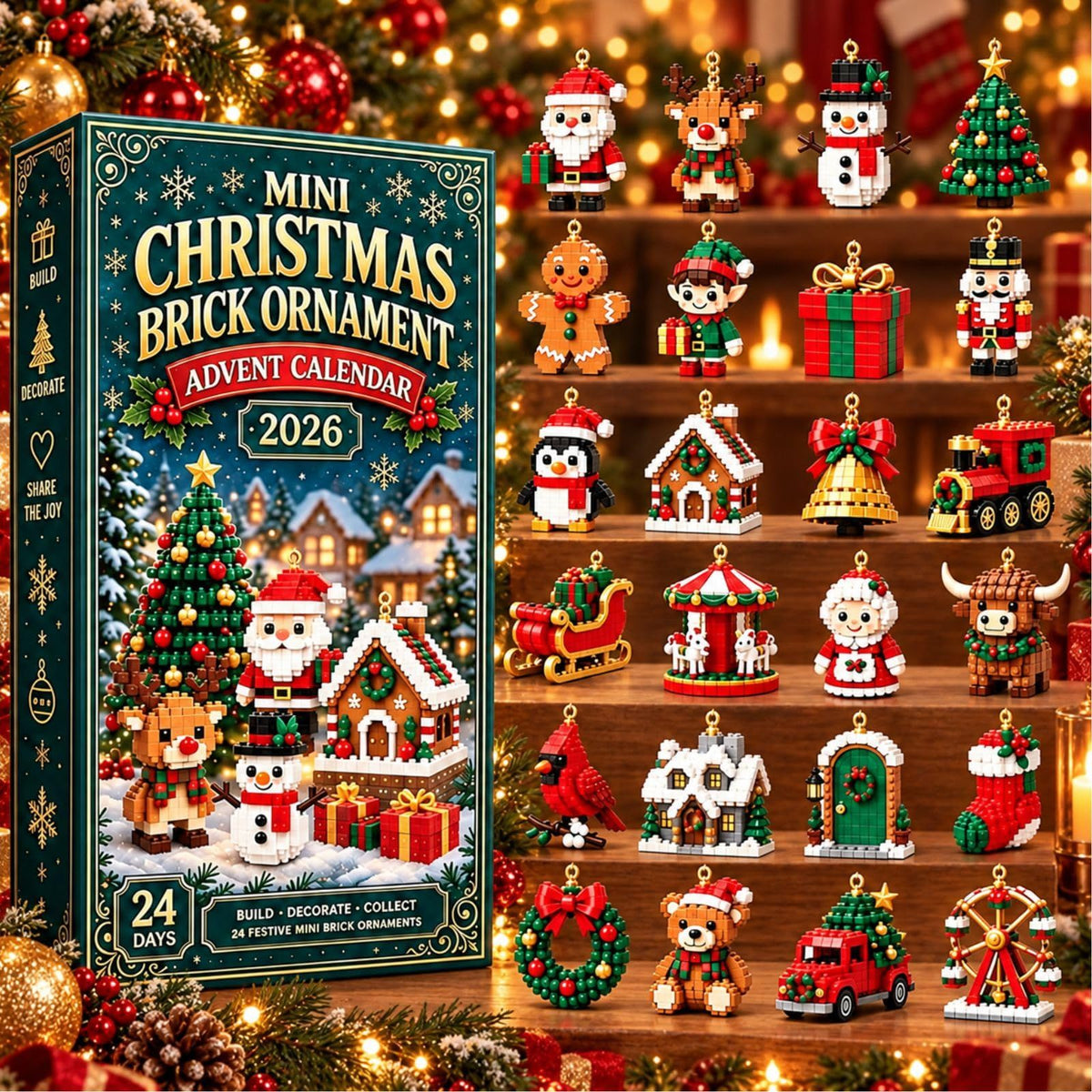 24-Day Mini Christmas Brick Advent Calendar 2026, DIY Xmas Tree Ornament
24 Unique Buildable Designs with Hanging Loops, DIY Building Set for Christmas Trees, Garlands, Mantels and Festive Displays(Green)