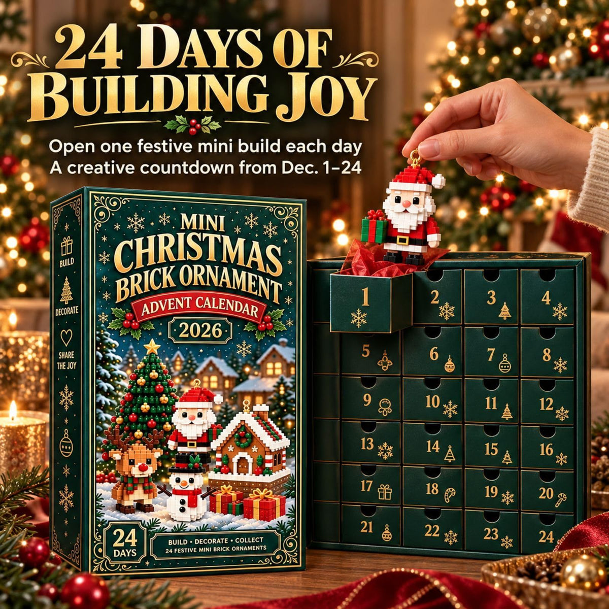 24-Day Mini Christmas Brick Advent Calendar 2026, DIY Xmas Tree Ornament
24 Unique Buildable Designs with Hanging Loops, DIY Building Set for Christmas Trees, Garlands, Mantels and Festive Displays(Green)