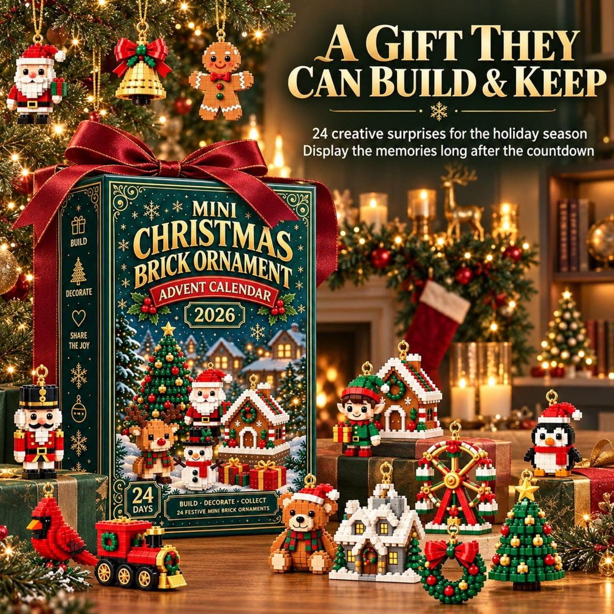 24-Day Mini Christmas Brick Advent Calendar 2026, DIY Xmas Tree Ornament
24 Unique Buildable Designs with Hanging Loops, DIY Building Set for Christmas Trees, Garlands, Mantels and Festive Displays(Green)