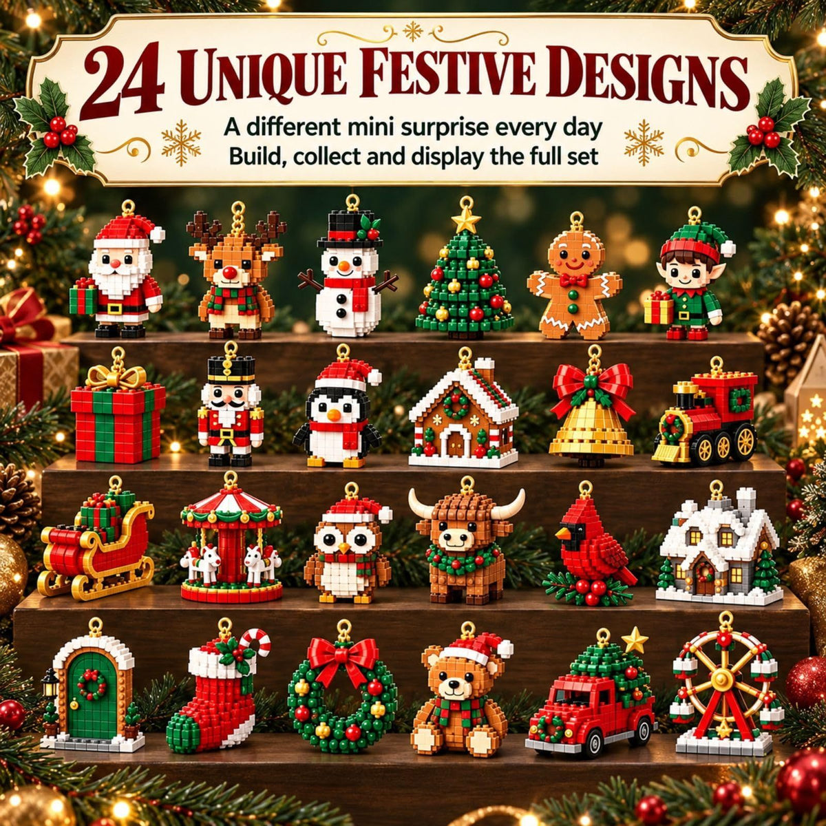 24-Day Mini Christmas Brick Advent Calendar 2026, DIY Xmas Tree Ornament
24 Unique Buildable Designs with Hanging Loops, DIY Building Set for Christmas Trees, Garlands, Mantels and Festive Displays(Green)