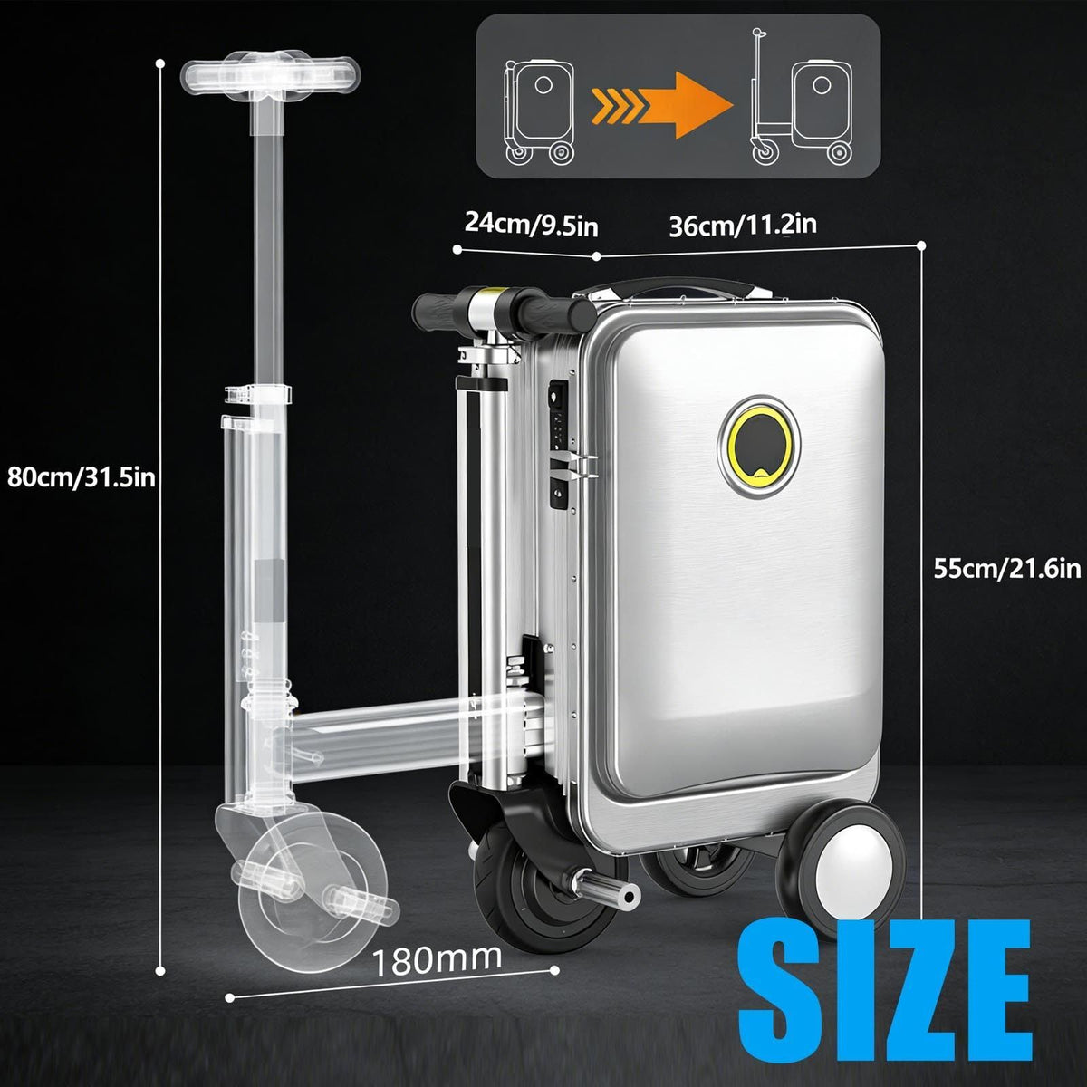 Electric Rideable Suitcase 20", 250W Motorized Scooter Luggage for Adults, Striped Design, USB Charging Expandable Carry-On with Wheels, 110kg Capacity, 12km/h(Silver)