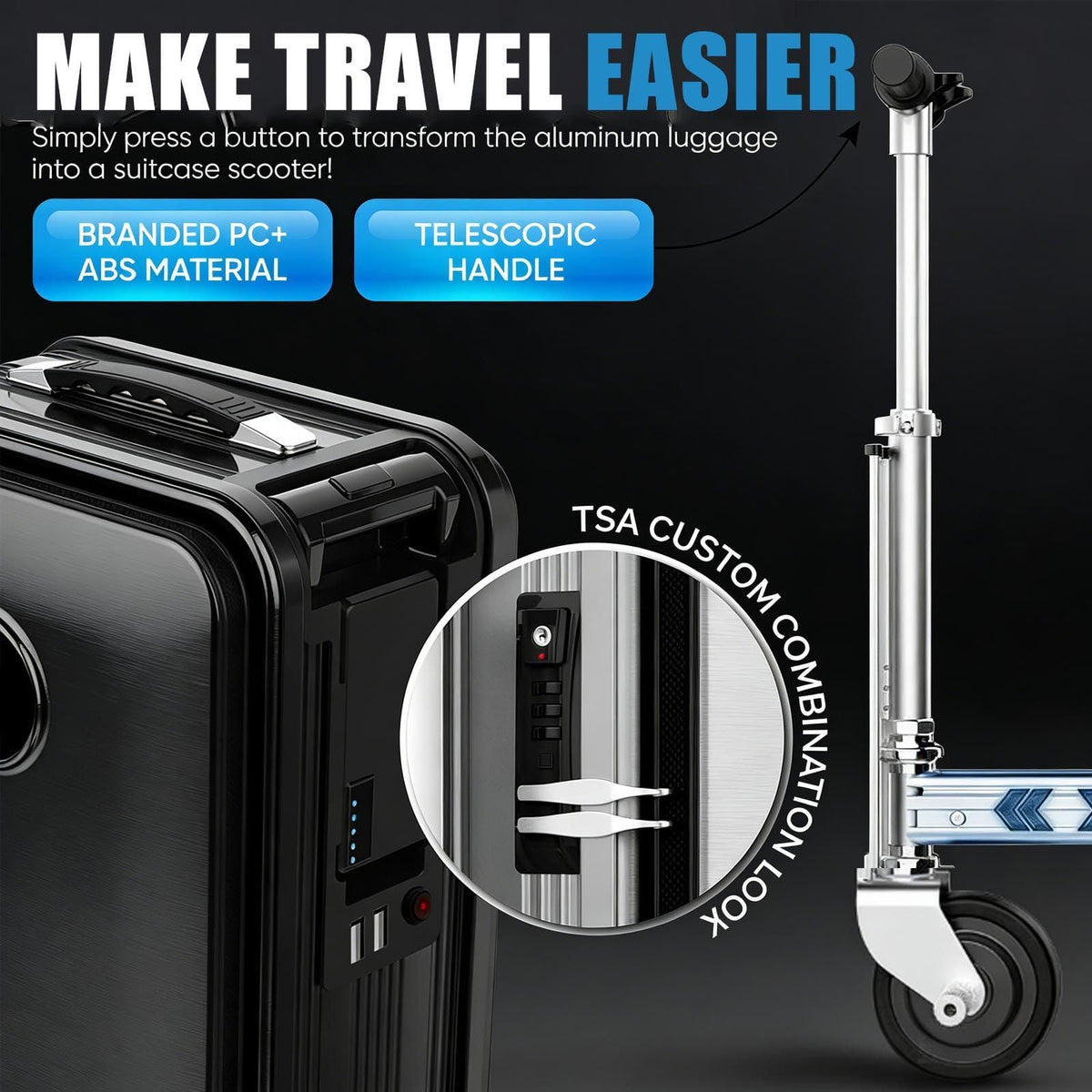 Electric Rideable Suitcase 20",250W Motorized Scooter Luggage for Adults, USB Charging expandable Carry on Luggage with Wheels, Load-Bearing Capacity 110kg-Speed: 12km/h(Black)