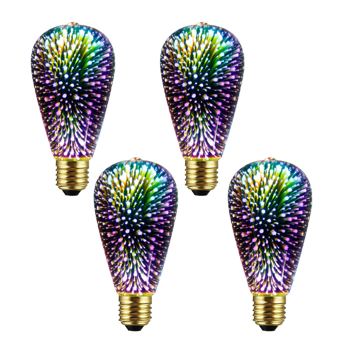 4Pack Infinity 3D Fireworks Effect ST64 LED Light - 3W 120V Fairy Multicolor Disco Party Bulb, Stain Glass Colorful Firework Light(Purple)