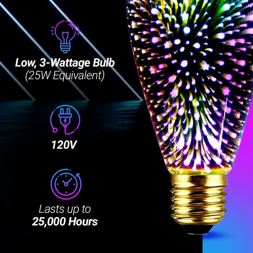 4Pack Infinity 3D Fireworks Effect ST64 LED Light - 3W 120V Fairy Multicolor Disco Party Bulb, Stain Glass Colorful Firework Light(Purple)