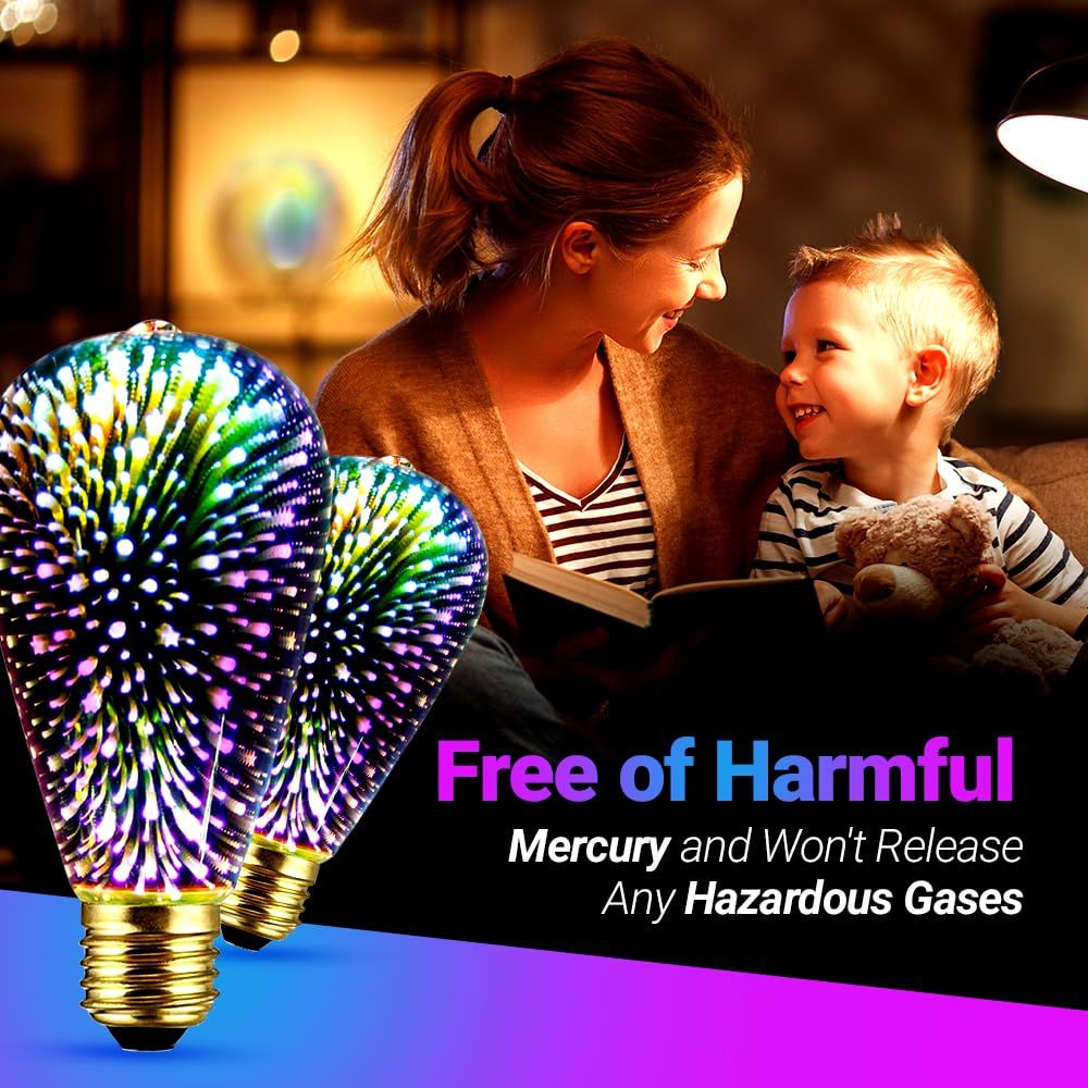 4Pack Infinity 3D Fireworks Effect ST64 LED Light - 3W 120V Fairy Multicolor Disco Party Bulb, Stain Glass Colorful Firework Light(Purple)