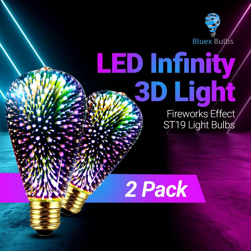 4Pack Infinity 3D Fireworks Effect ST64 LED Light - 3W 120V Fairy Multicolor Disco Party Bulb, Stain Glass Colorful Firework Light(Purple)
