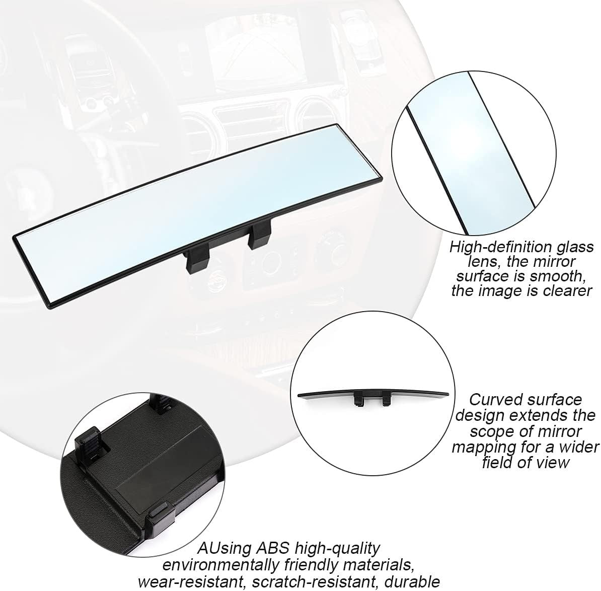 Wide-Angle Car Rearview Mirror with Curved HD Glass Lens, Clip-On Design, ABS Frame, Anti-Glare Coating, Universal Fit for Sedans SUVs Trucks Vans, Easy 10-Second Installation (White)