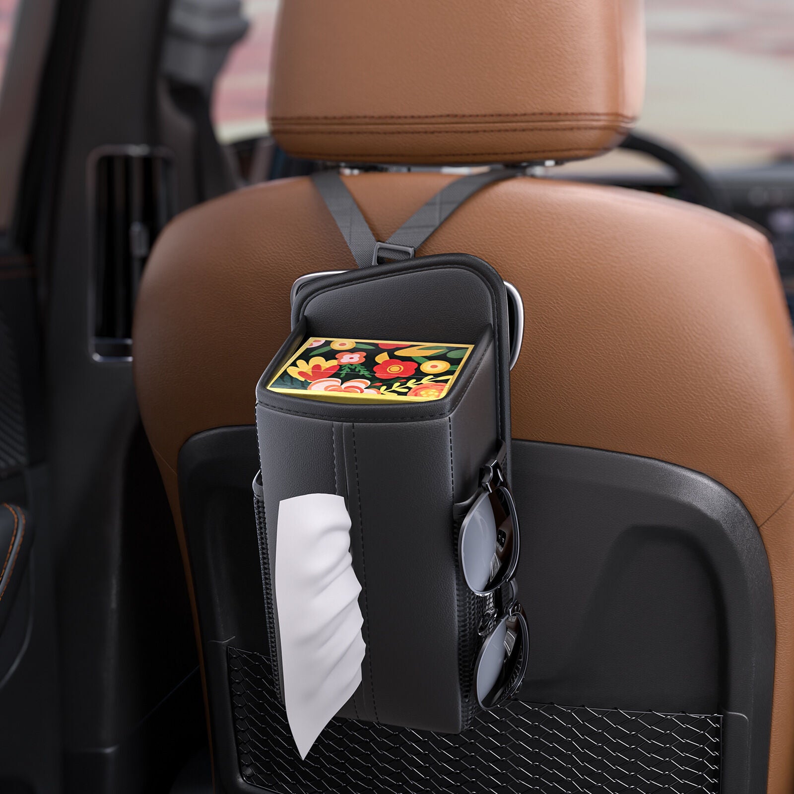 Car Seat Storage Organizer: Side-Mount Tissue Holder with Mesh Pockets – Waterproof Cup/Wallet Organizer for Cars/SUVs (Black)