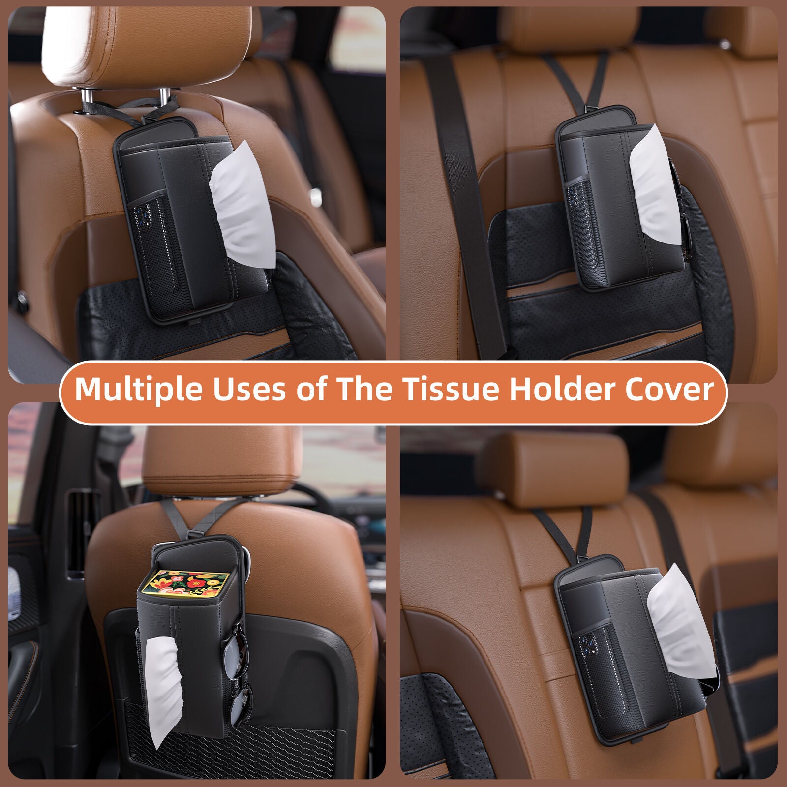 Car Seat Storage Organizer: Side-Mount Tissue Holder with Mesh Pockets – Waterproof Cup/Wallet Organizer for Cars/SUVs (Black)