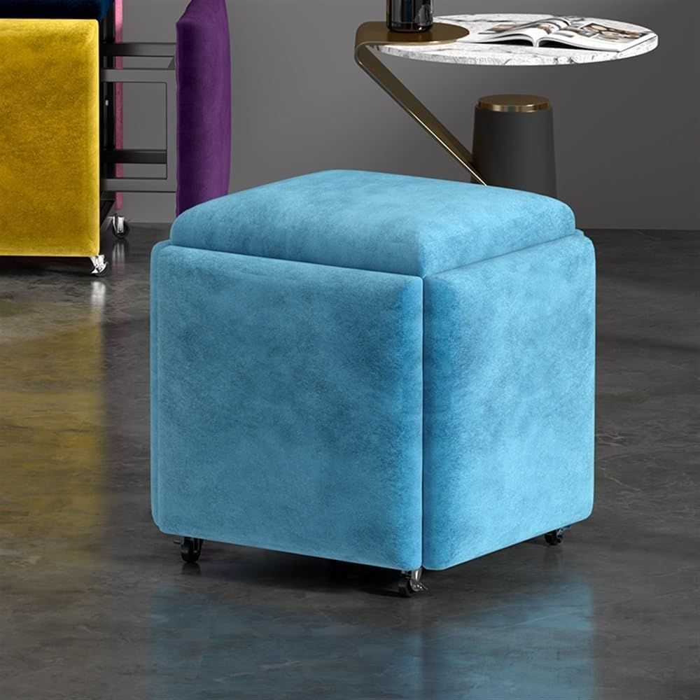 Stool, 5 in 1 Nesting Ottoman Stool with Swivel Casters Stackable Cube Square Sofa Vanity Movable Footstool for Living Room Bedroom(Purple)