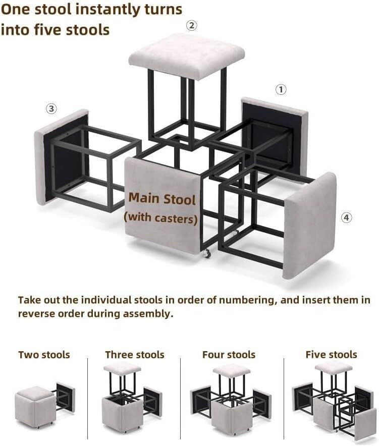 Stool, 5 in 1 Nesting Ottoman Stool with Swivel Casters Stackable Cube Square Sofa Vanity Movable Footstool for Living Room Bedroom(Blue)
