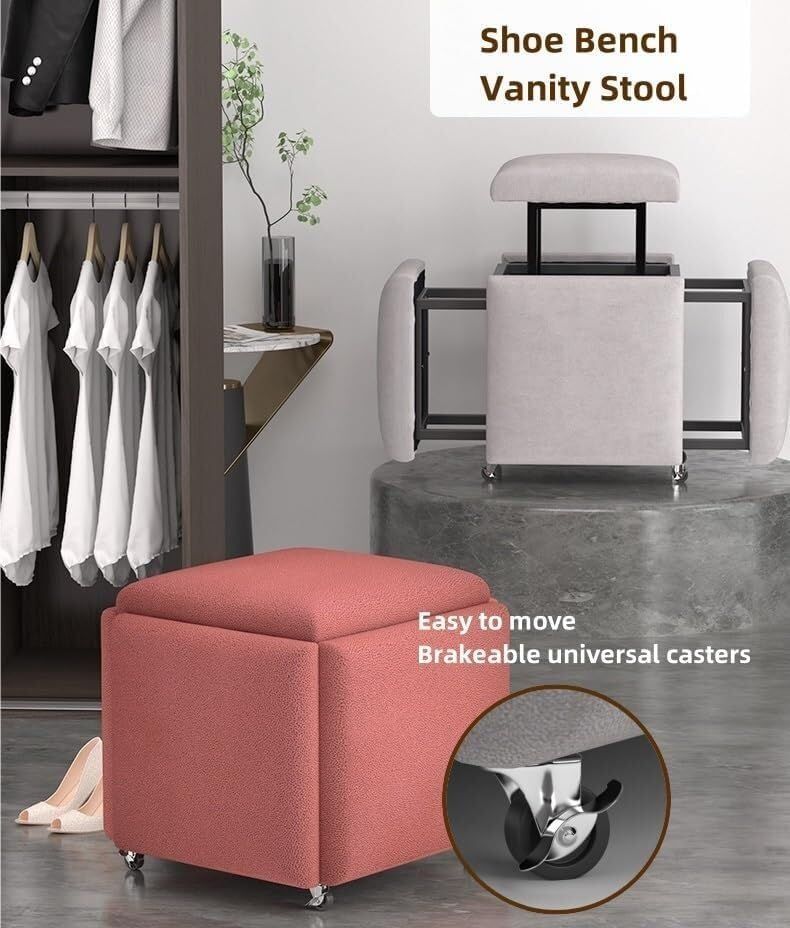 Stool, 5 in 1 Nesting Ottoman Stool with Swivel Casters Stackable Cube Square Sofa Vanity Movable Footstool for Living Room Bedroom(Blue)