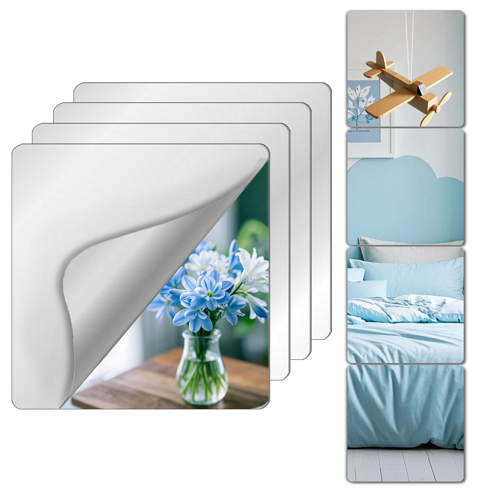 Shatterproof Acrylic Mirror Tiles – 4-Pack Wall Stickers for Kids, Home Gym, Bedroom & Bathroom, Easy Peel-and-Stick Decorative Mirrors with Double-Sided Tape (Silver,8" x 8")