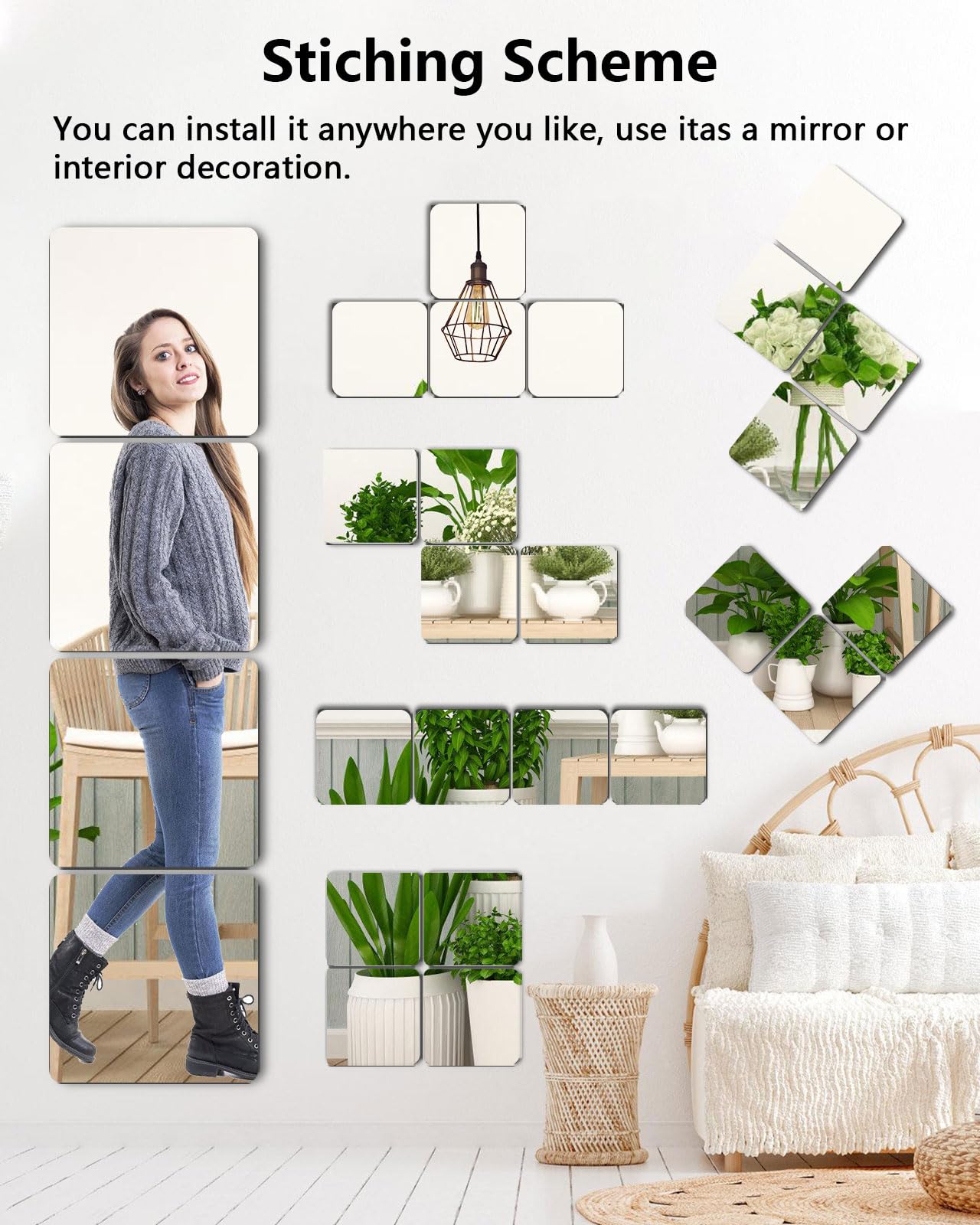 Shatterproof Acrylic Mirror Tiles – 4-Pack Wall Stickers for Kids, Home Gym, Bedroom & Bathroom, Easy Peel-and-Stick Decorative Mirrors with Double-Sided Tape (Silver,8" x 8")