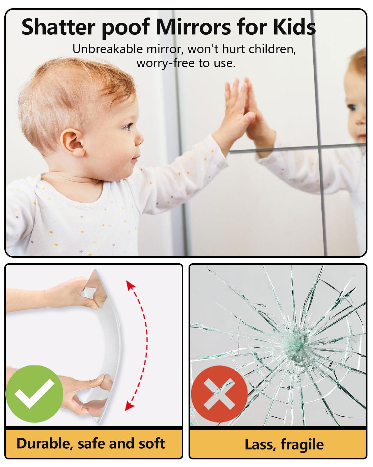 Shatterproof Acrylic Mirror Tiles – 4-Pack Wall Stickers for Kids, Home Gym, Bedroom & Bathroom, Easy Peel-and-Stick Decorative Mirrors with Double-Sided Tape (Silver,8" x 8")