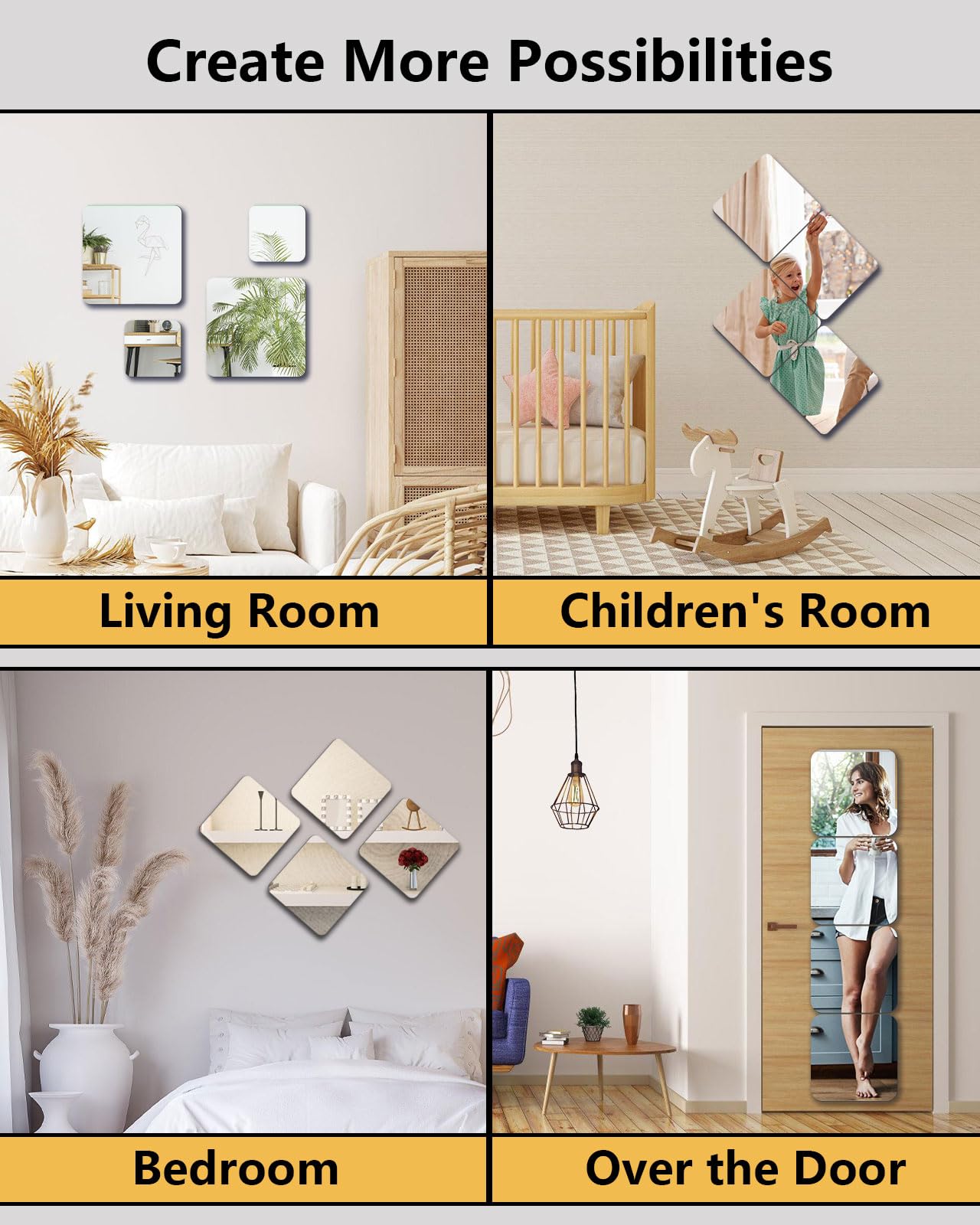 Shatterproof Acrylic Mirror Tiles – 4-Pack Wall Stickers for Kids, Home Gym, Bedroom & Bathroom, Easy Peel-and-Stick Decorative Mirrors with Double-Sided Tape (Silver,8" x 8")