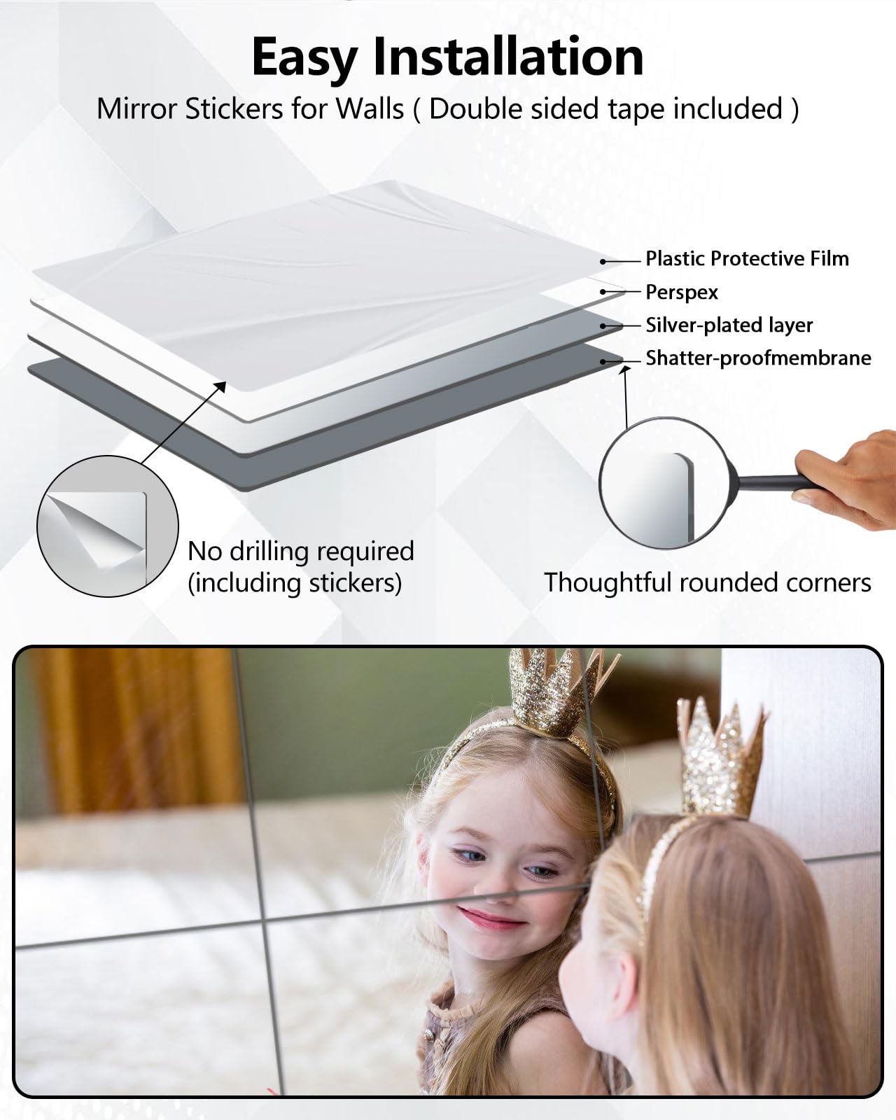 Shatterproof Acrylic Mirror Tiles – 4-Pack Wall Stickers for Kids, Home Gym, Bedroom & Bathroom, Easy Peel-and-Stick Decorative Mirrors with Double-Sided Tape (Silver,8" x 8")