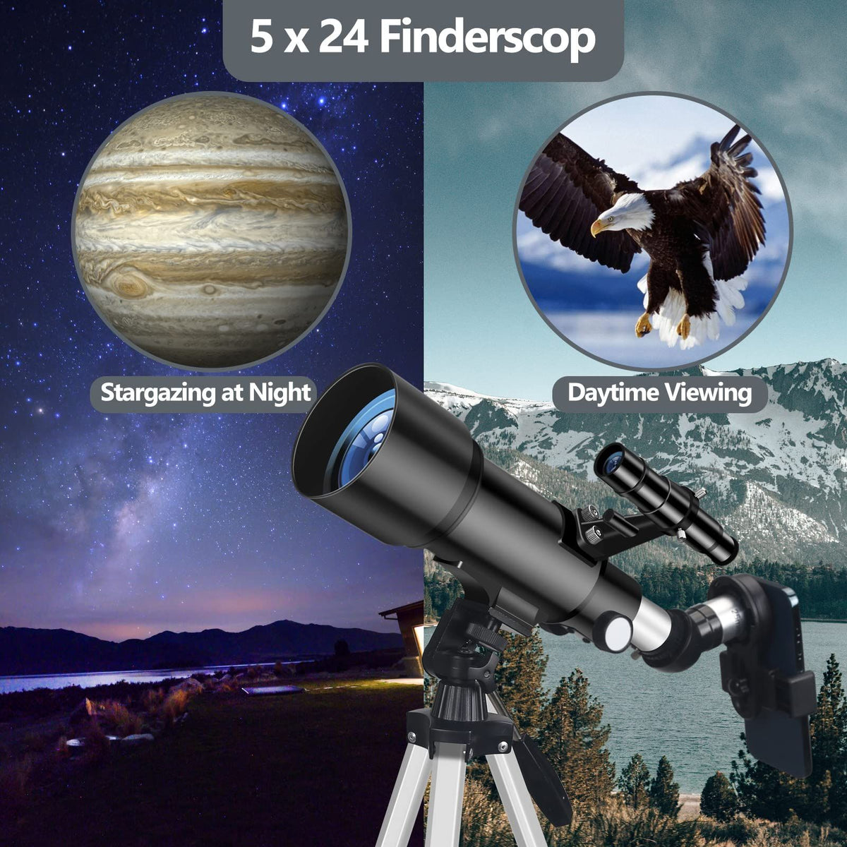 Telescope for Adult, 70mm Aperture 400mm Portable Telescope with Tripod, Finder Scope, Phone Adapter, Carrying Bag, Astronomical Refractors Telescopes for Kids Beginners Adults(White)