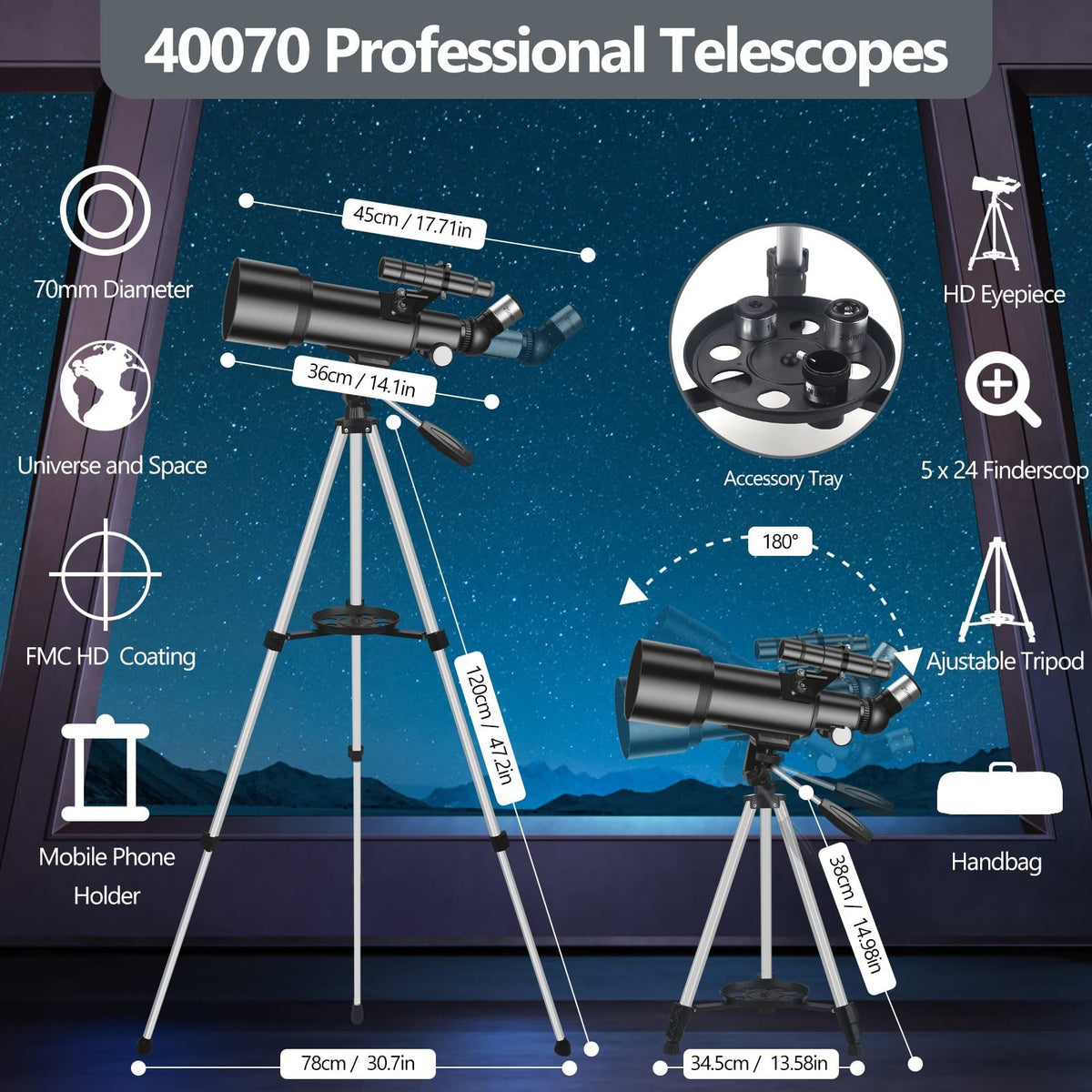 Telescope for Adult, 70mm Aperture 400mm Portable Telescope with Tripod, Finder Scope, Phone Adapter, Carrying Bag, Astronomical Refractors Telescopes for Kids Beginners Adults(White)