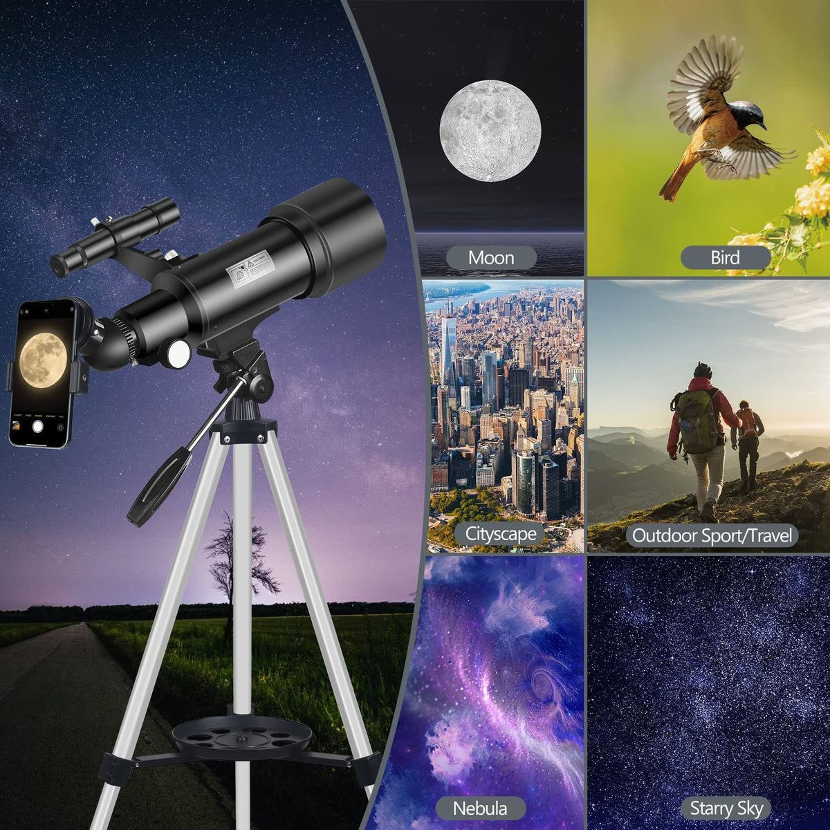 Telescope for Adult, 70mm Aperture 400mm Portable Telescope with Tripod, Finder Scope, Phone Adapter, Carrying Bag, Astronomical Refractors Telescopes for Kids Beginners Adults(White)