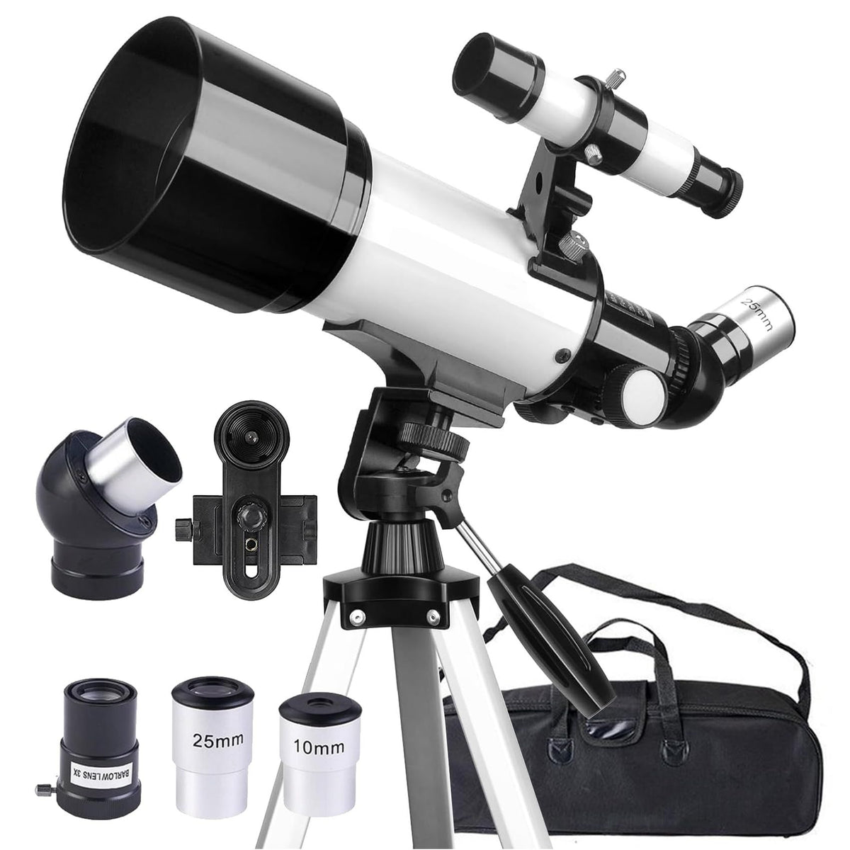 Telescope for Adult, 70mm Aperture 400mm Portable Telescope with Tripod, Finder Scope, Phone Adapter, Carrying Bag, Astronomical Refractors Telescopes for Kids Beginners Adults(White)