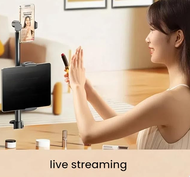 Floor Standing Phone Tripod with Swan Neck Arm – Includes Phone Clamp & Selfie Remote, Multi-Angle Stand for Live Streaming, Food Photography, Vlogging (Black)