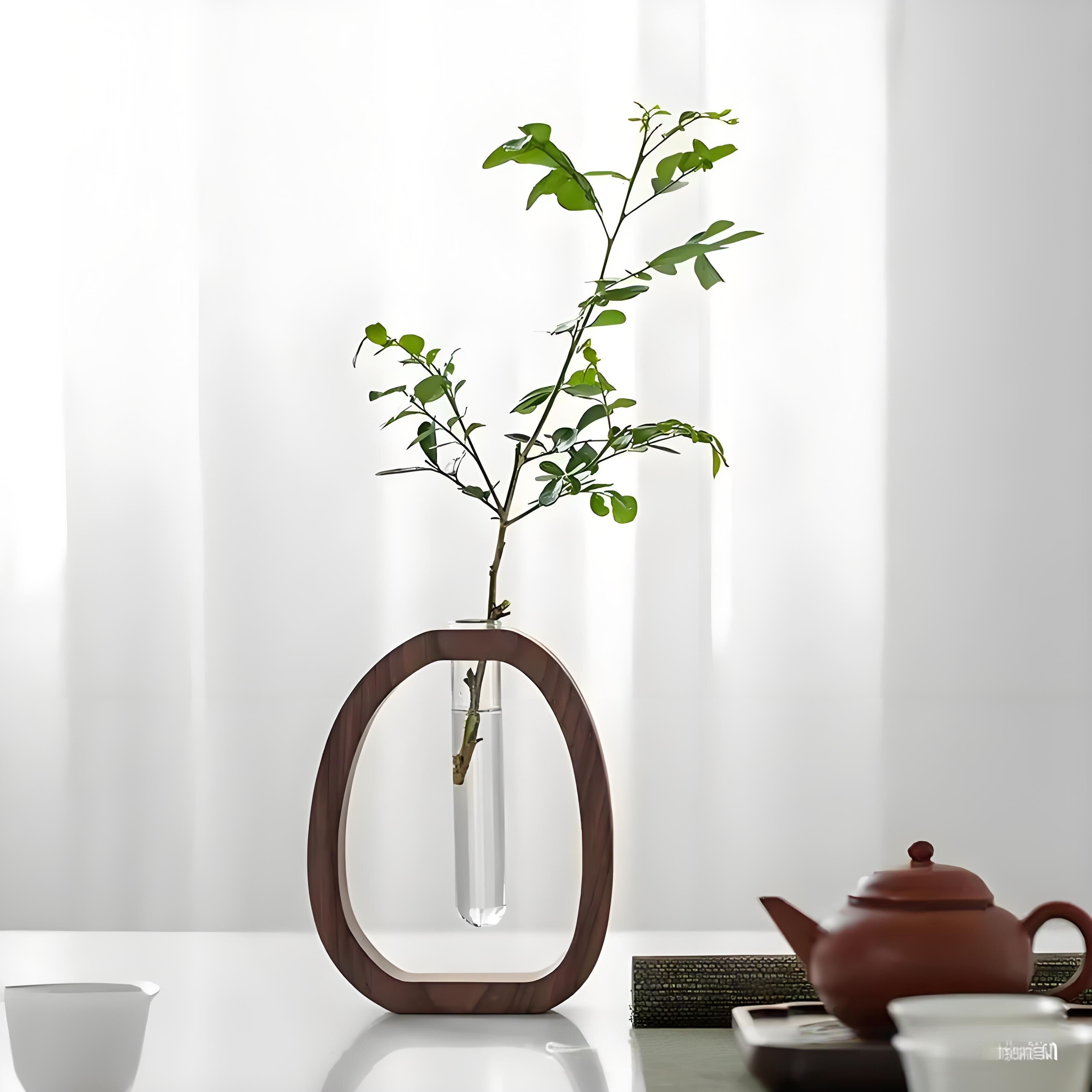 Wooden Glass Hydroponic Vase – Minimalist Desktop Flower Vase for Water Plants & Blooms (9.5cm) | Other Sizes Available in Store