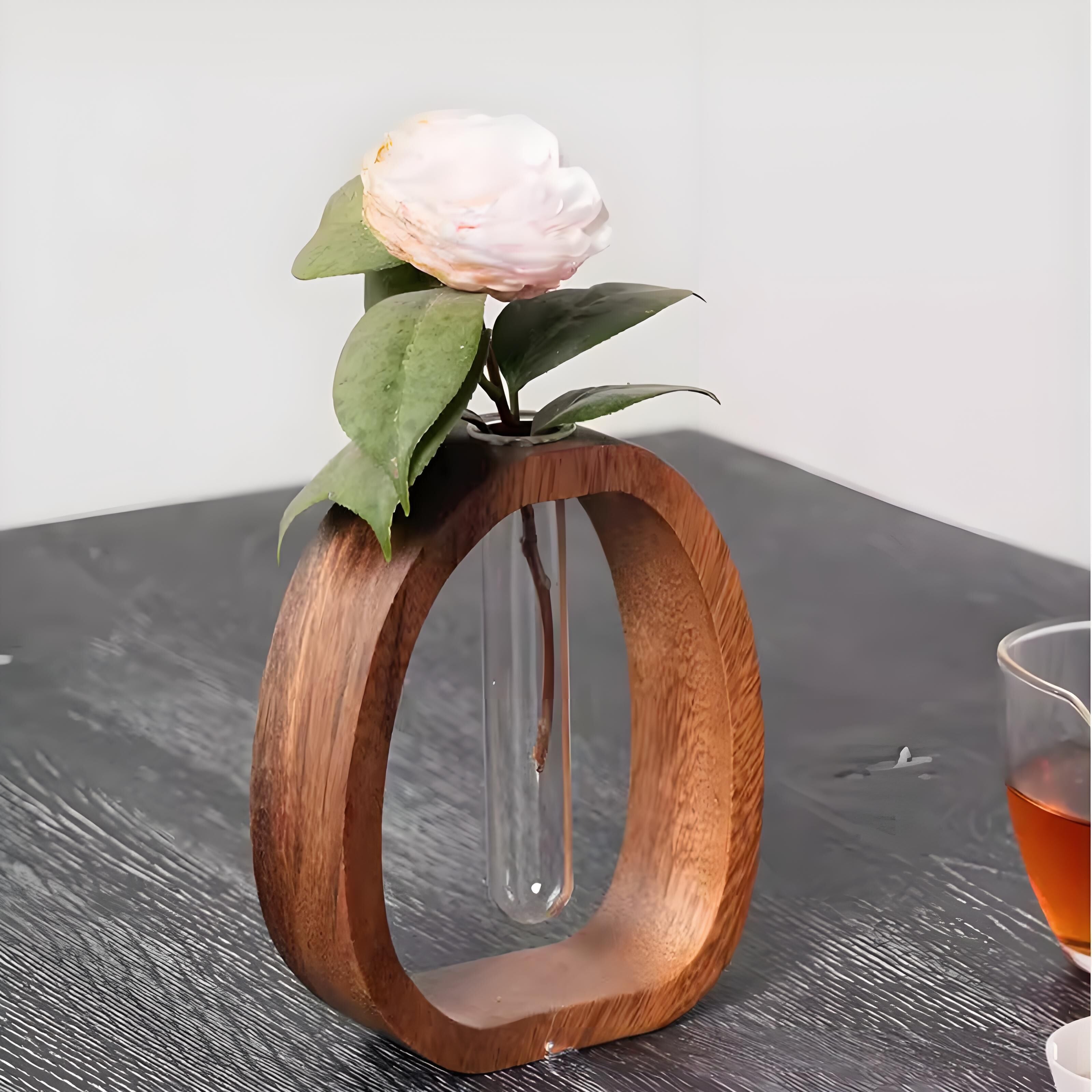 Wooden Glass Hydroponic Vase – Minimalist Desktop Flower Vase for Water Plants & Blooms (15cm) | Other Sizes Available in Store