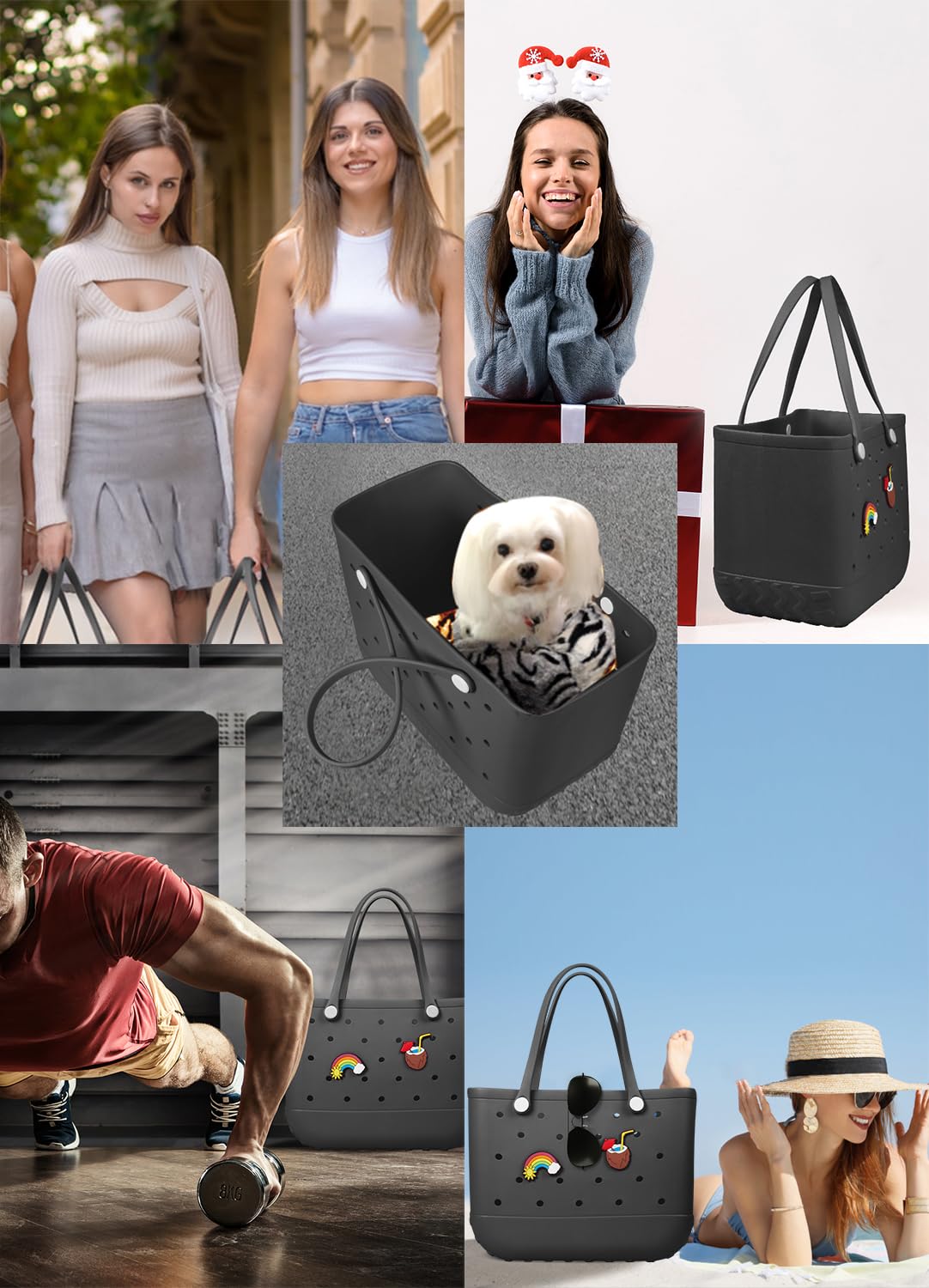 EVA Beach Tote Bag for Swimming, Pool & Travel – Waterproof Washable Rubber Handbag with 2 Random Charms, Lightweight & Sand-Resistant (Black) | Other Colors Available in Store