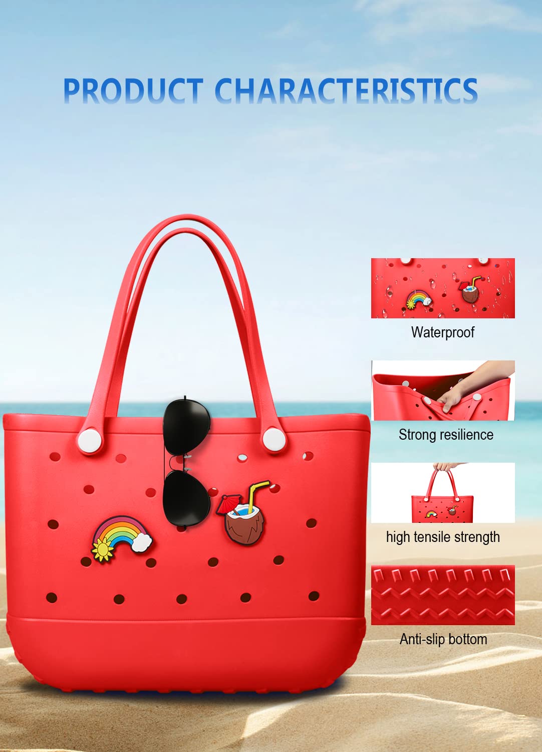 EVA Beach Tote Bag for Swimming, Pool & Travel – Waterproof Washable Rubber Handbag with 2 Random Charms, Lightweight & Sand-Resistant (Red)  | Other Colors Available in Store