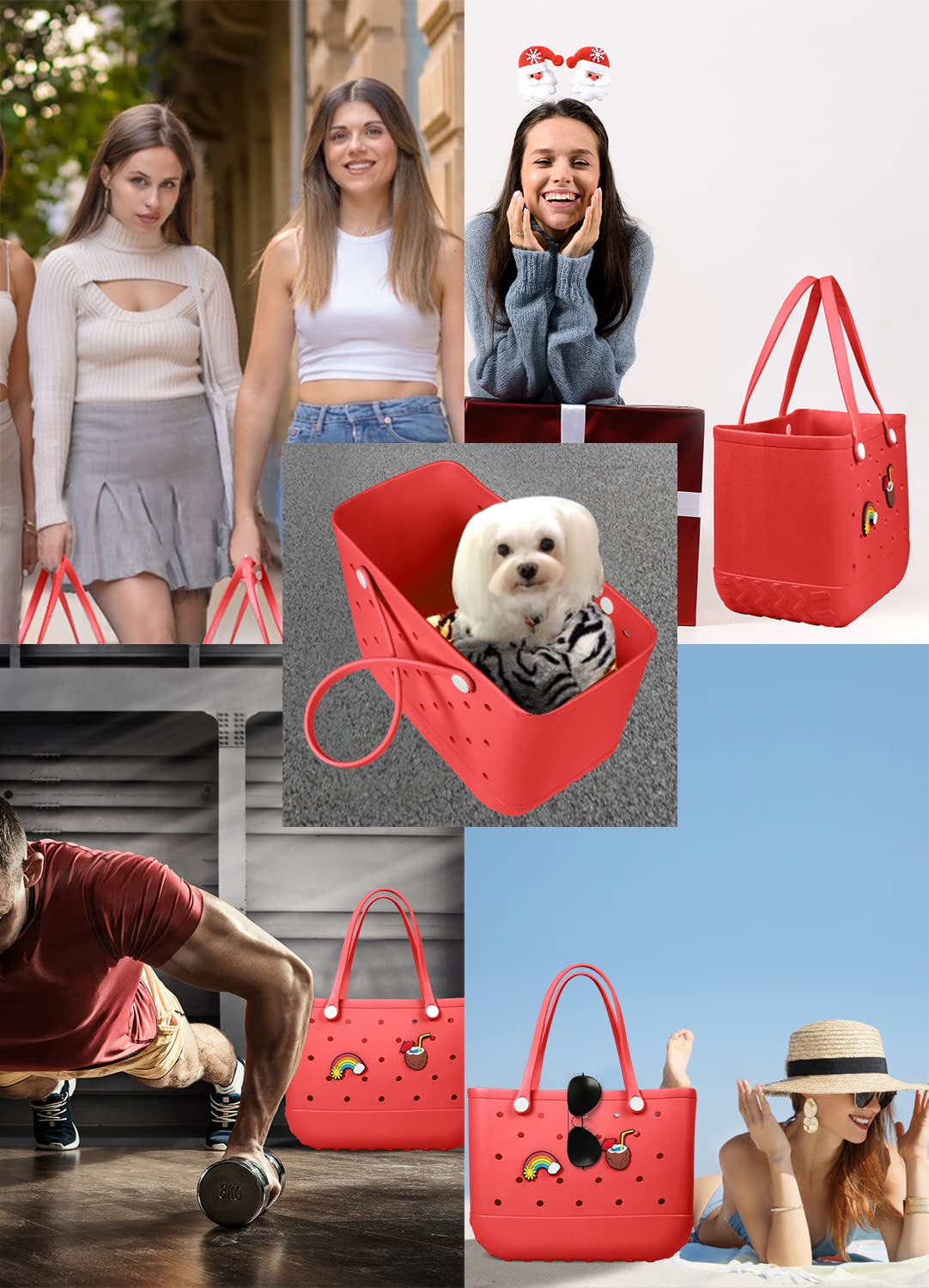 EVA Beach Tote Bag for Swimming, Pool & Travel – Waterproof Washable Rubber Handbag with 2 Random Charms, Lightweight & Sand-Resistant (Red)  | Other Colors Available in Store