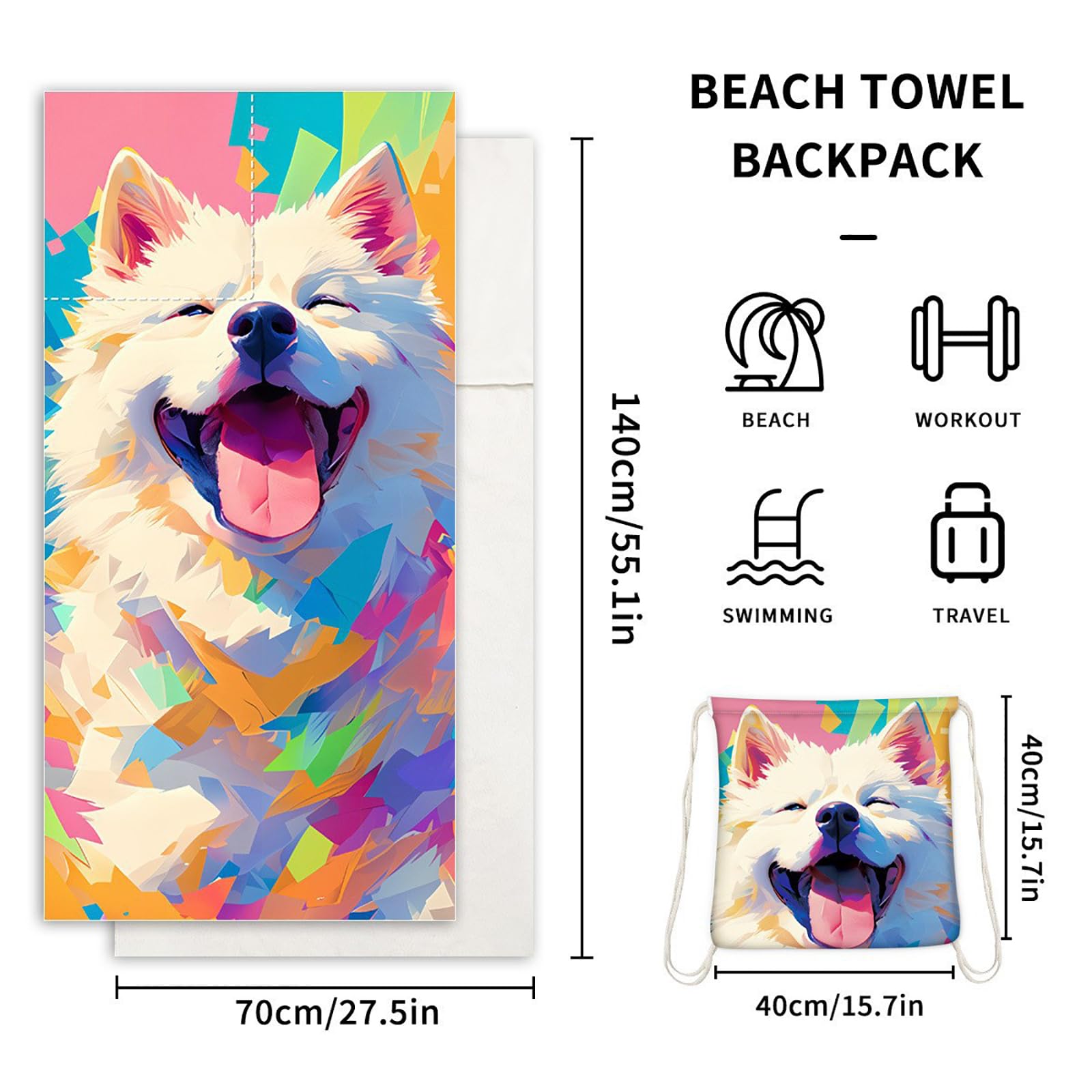 Dual-Function Foldable Beach Towel with Built-in Backpack – Soft Microfiber Towel & Compact Carry Bag in One, 55-Inch Large Size for Swimming, Travel, Picnic (Polar bear,Colorful)