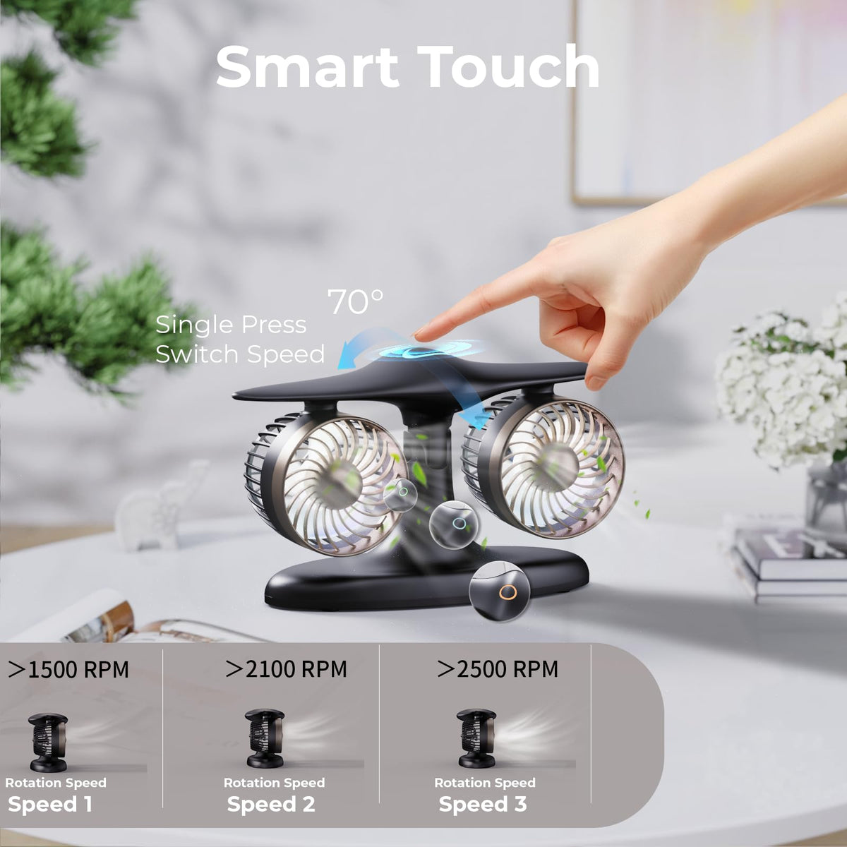 Dual Turbine Desk Fan with Aircraft Design – Wireless, Quiet, 3-Speed Touch Control for Home, Office, Bedroom, Portable Cooling (Black)