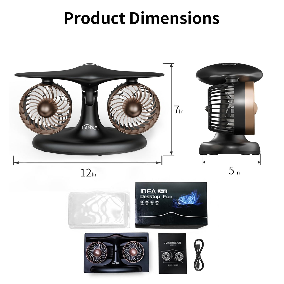 Dual Turbine Desk Fan with Aircraft Design – Wireless, Quiet, 3-Speed Touch Control for Home, Office, Bedroom, Portable Cooling (Black)