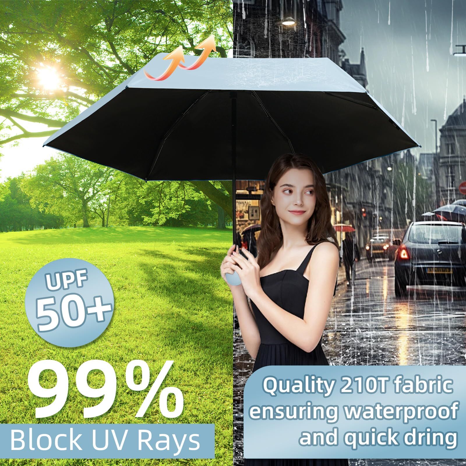 Mini Travel Umbrella – Compact Sun & Rain Protection for Women, Kids | UV-Blocking Pocket Umbrella with Case | Lightweight Foldable Umbrella（light blue）