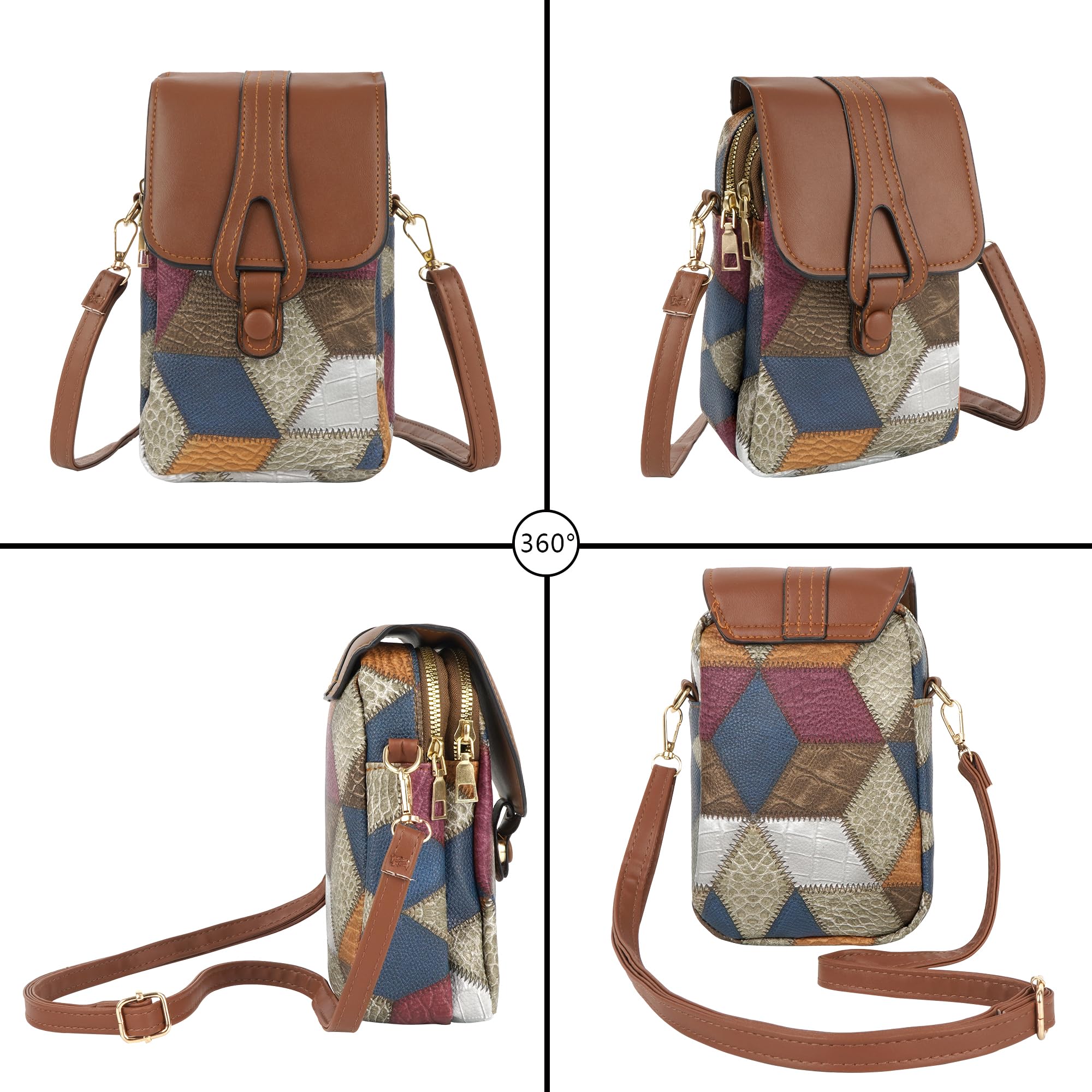 Color-Block Diamond Pattern PU Leather Crossbody Phone Bag – Retro Mini Wallet with Adjustable Strap & Dual Zipper Closure (Brown)