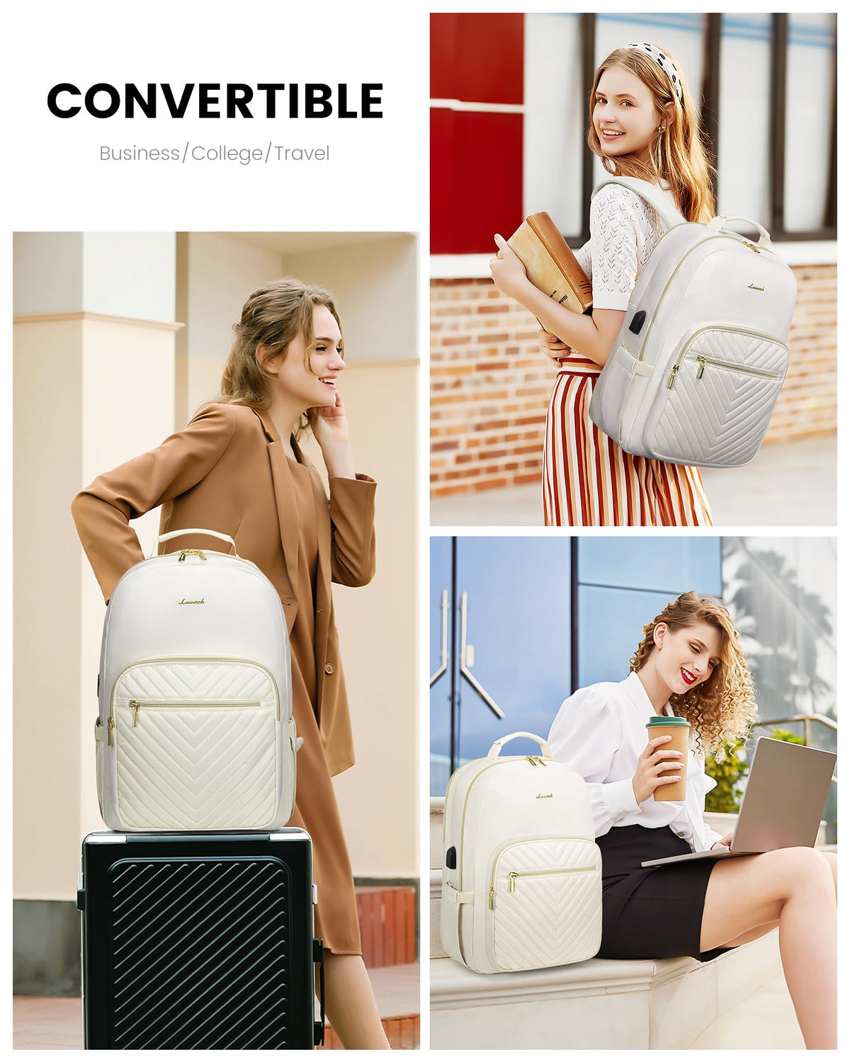 Stylish Laptop Backpack for Women – Large Capacity 27L Computer Bag with 15.6 Inch Compartment, USB Charging Port & 16 Pockets – Ideal for College, Work & Travel (White)