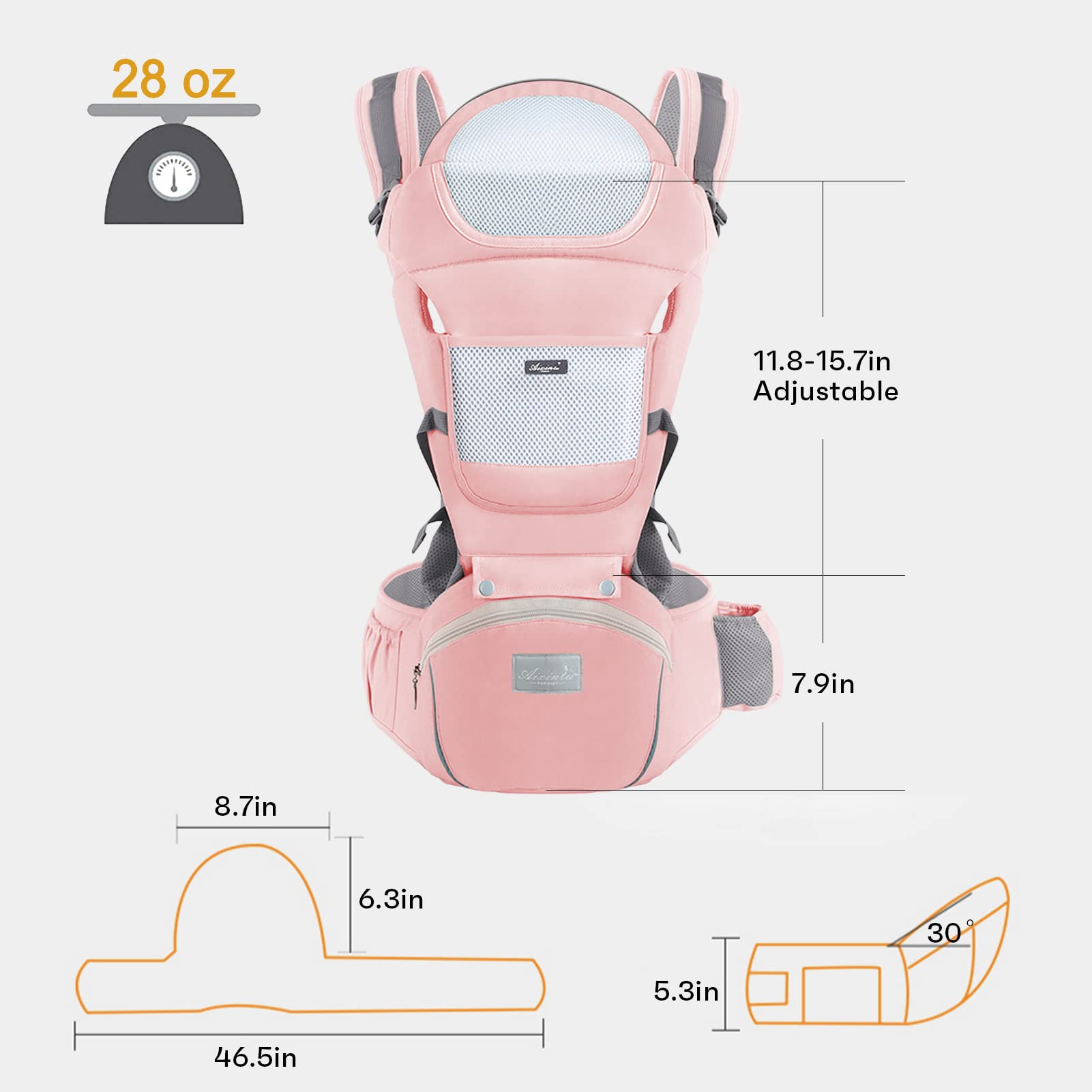 6-in-1 Adjustable Baby Carrier with Hip Seat – 11.8–15.7in Adjustable Height, Breathable Mesh & Multi-Position Carry for Newborn to 36 Months (Pink)