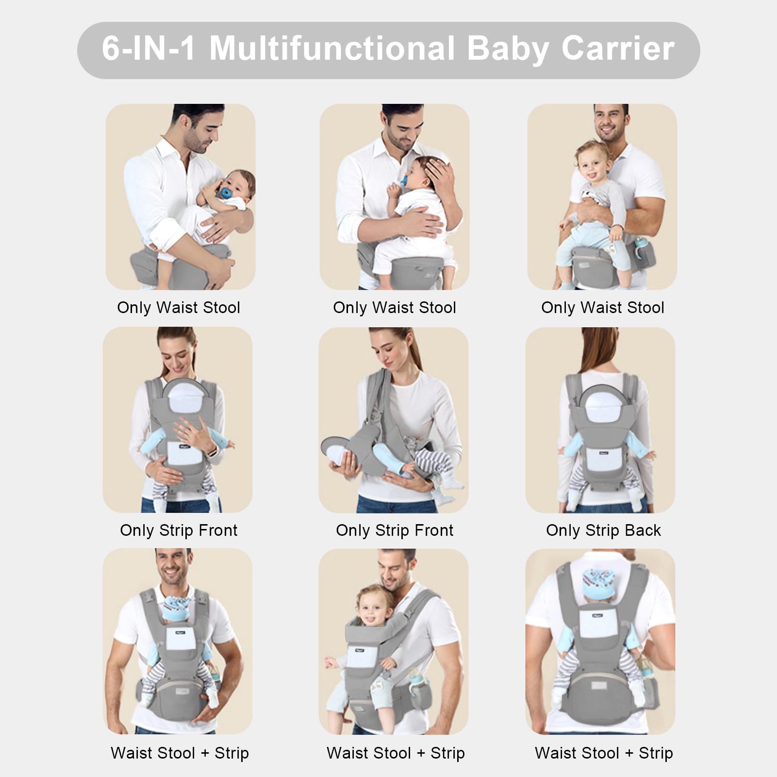 6-in-1 Adjustable Baby Carrier with Hip Seat – 11.8–15.7in Adjustable Height, Breathable Mesh & Multi-Position Carry for Newborn to 36 Months (Grey)